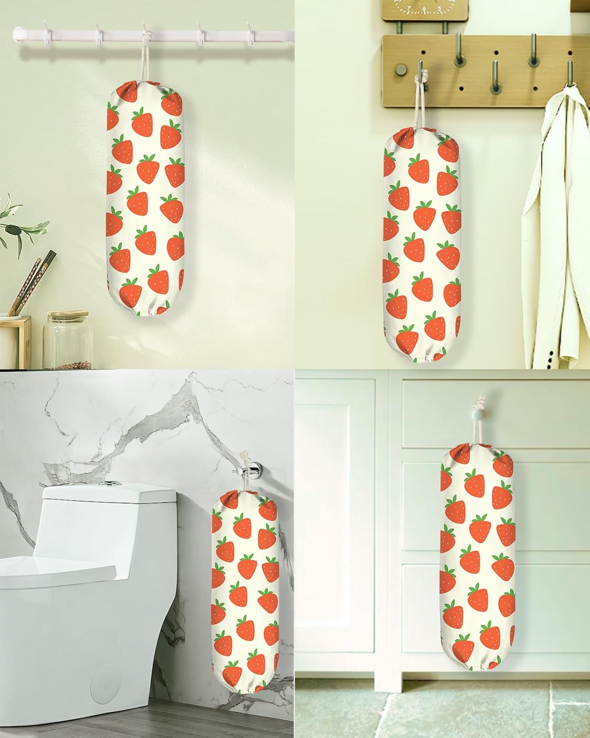 Plastic Bag Holder, Grocery Bag Organizer - 1 Pack Cute Kitchen Dispenser Holders Reusable Shopping Western Hanging Wall with Adjustment Drawstring Closure for Women Home, Strawberry