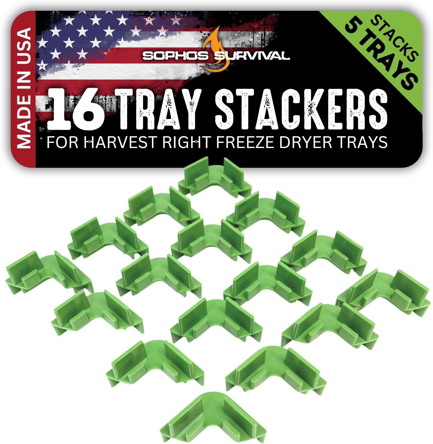 16 Pc Original Tray Stackers for Harvest Right Freeze Dryer Trays – Stacks 5 Trays – Green - Freeze Dryer Machine Accessories – Freeze Dried Food Storage - Made in USA