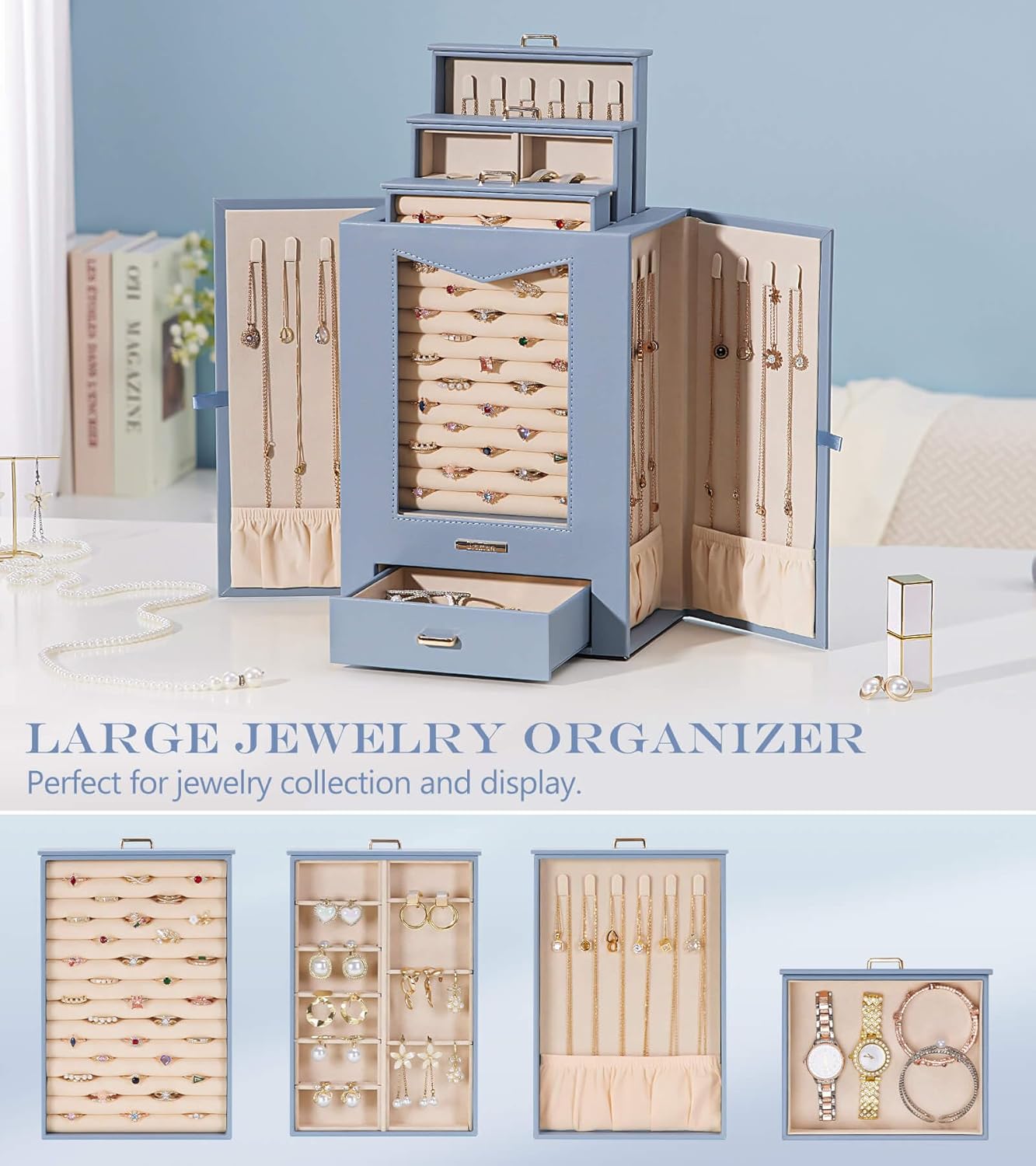 Homde Jewelry Organizer with Transparent Window Necklace Hooks Gift for Women Jewelry Box Display Case for Necklaces Rings Earrings Bracelets and Other Accessories (Grey Blue)