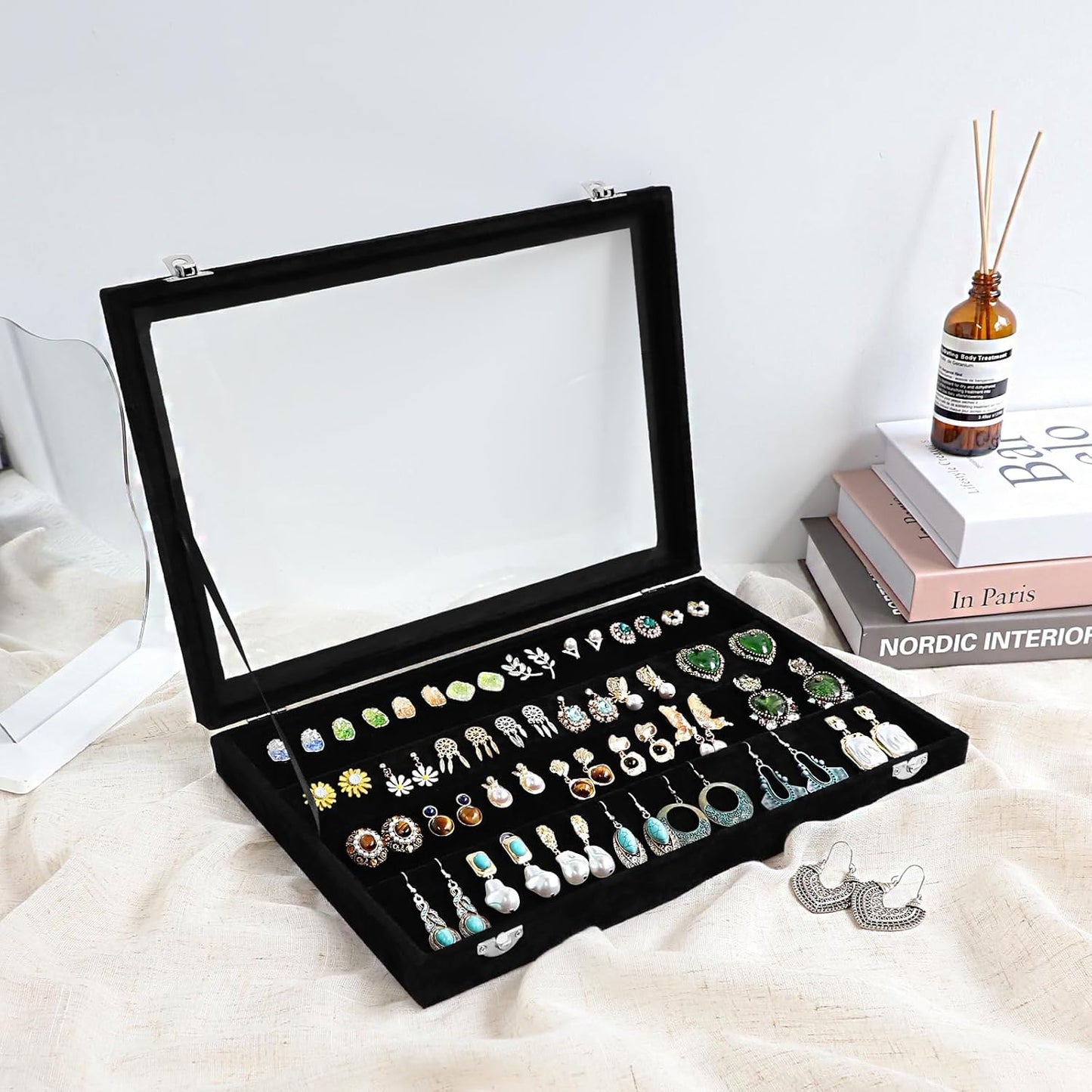 Wudygirl Earring Organizer Tray Jewelry Organizer 32 Pairs Earring Box Organizer Black Velvet Jewelry Display Case with Transparent Lid(Black Earring Storage)