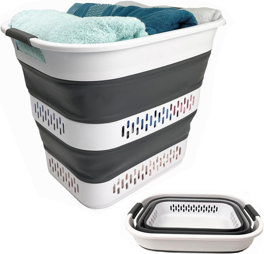 SAMMART 40L (10.5 Gallon) Collapsible Plastic Laundry Basket - Foldable Pop Up Storage Container/Organizer - Portable Laundry Hamper - Space Saving (1, White/Steel Grey)