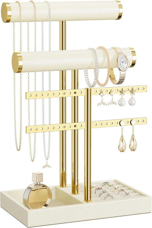 3 Tier Bracelet Holder Display - Beige Leather Bracelet Holder, Detachable T Bar Jewelry Holder Organizer for Bracelet, Necklace, Earrings, Rings, Watches, Bangle
