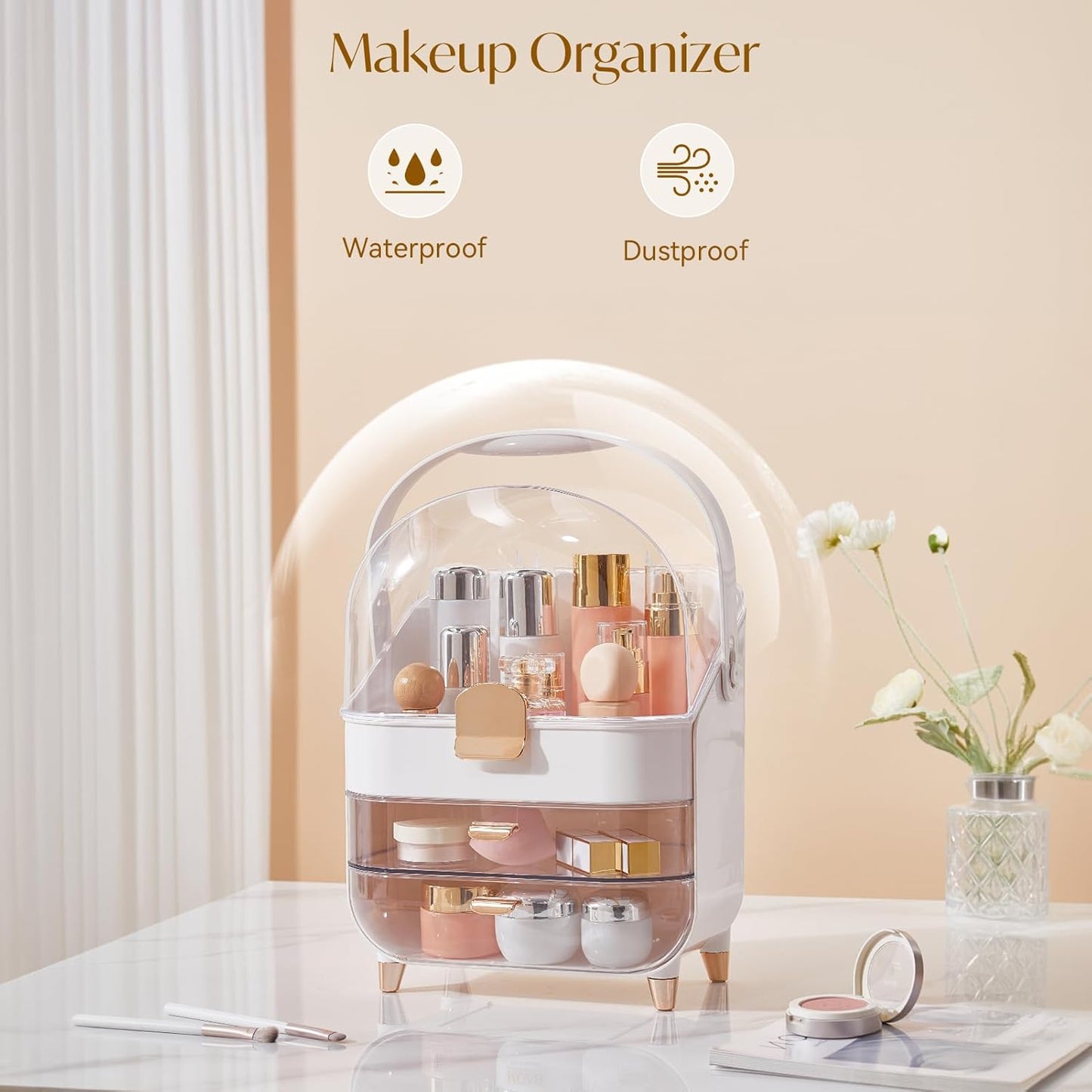 Makeup Organizers, Make Up Organizer for Vanity, Countertop Cosmetic Storage with Drawers and Transparent Cover for Bedroom Bathroom, Pearl White