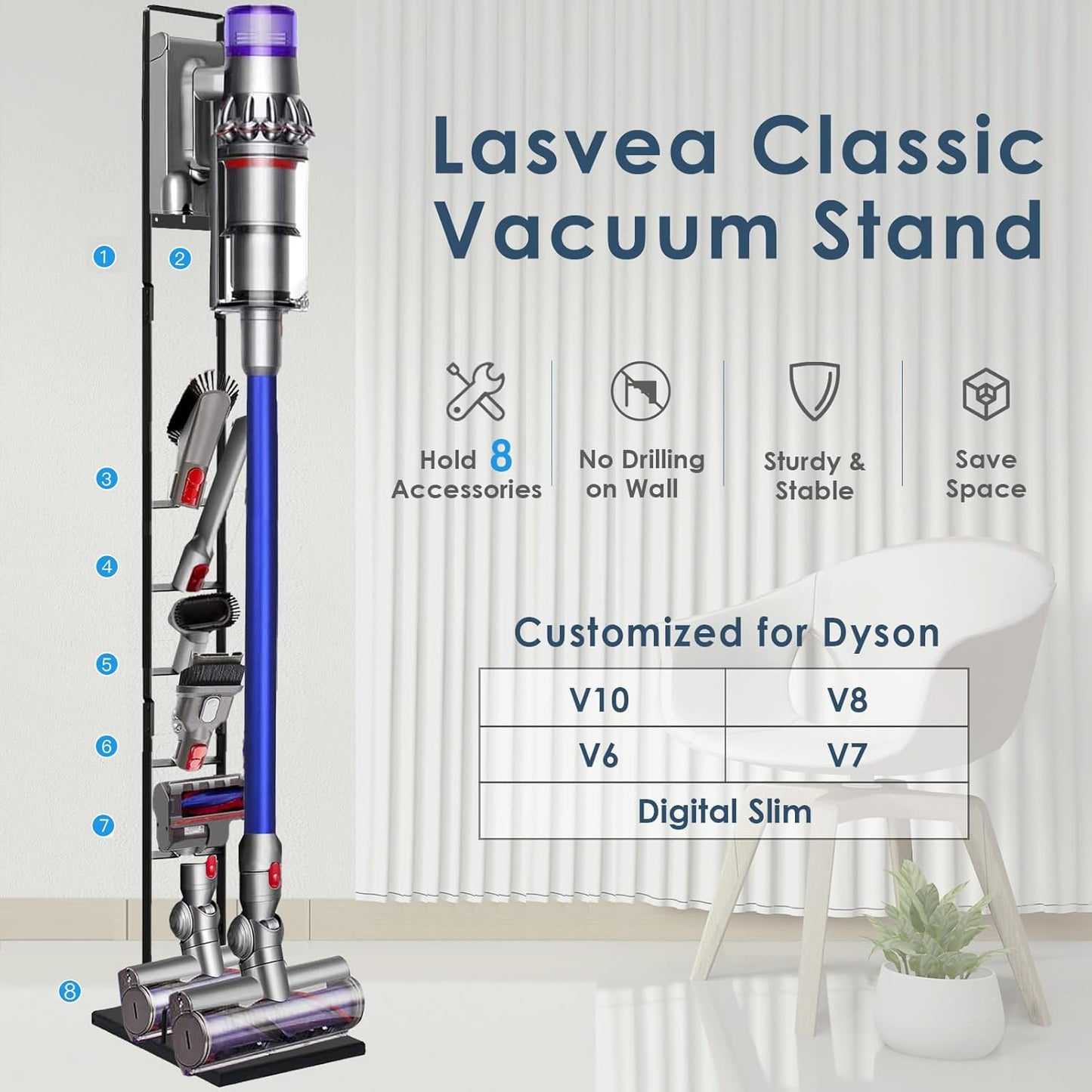 Vacuum Stand for Dyson V6, V7, V8, V10, V11, V12, V15 Cordless Cleaners - Heavy Base Metal Bracket Holder with Trigger Lock, On/Off Control Clamp, Accessory & Attachment Storage