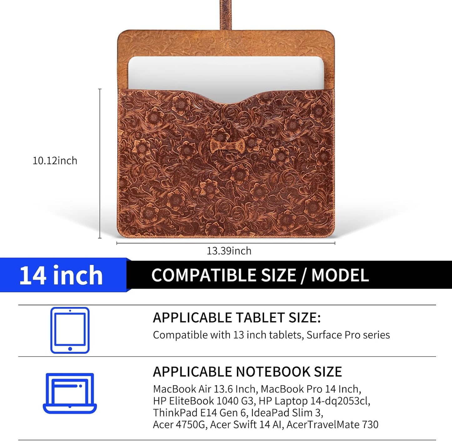 Genuine Leather Laptop Sleeve,Compatible with MacBook Pro 14 Inch M4 M3 M2 M1 Pro/Max Cover,Vintage Protective Computer Case with Floral Pattern,Buckle Brown