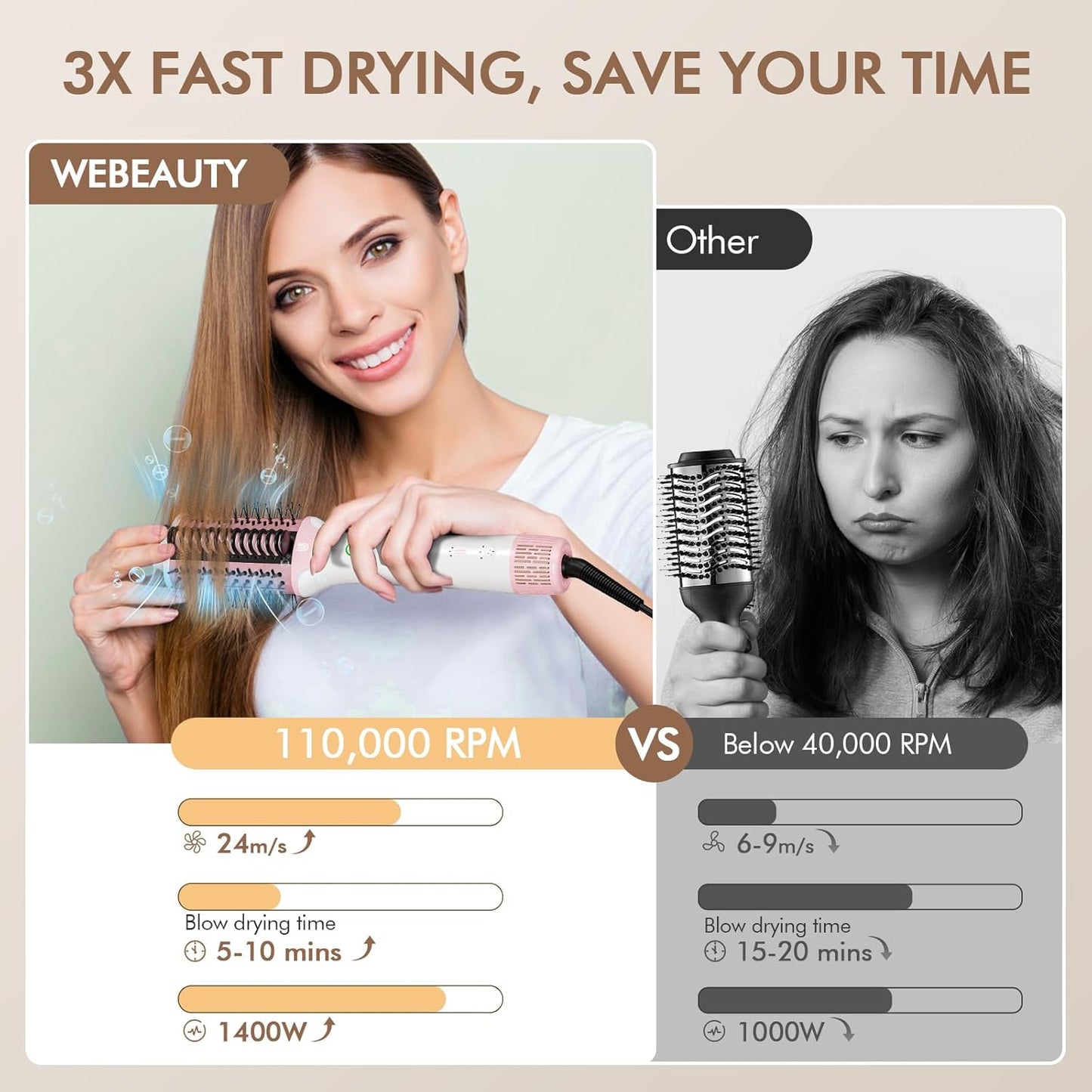 2-in-1 Blow Dryer Brush & Hair Straightener, Ionic & Ceramic Thermal Brush with Adjustable Heat & Cool Shot, 110000 RPM Motor High-Speed Motor for Frizz-Free, Smooth & Voluminous Hair, White with Comb