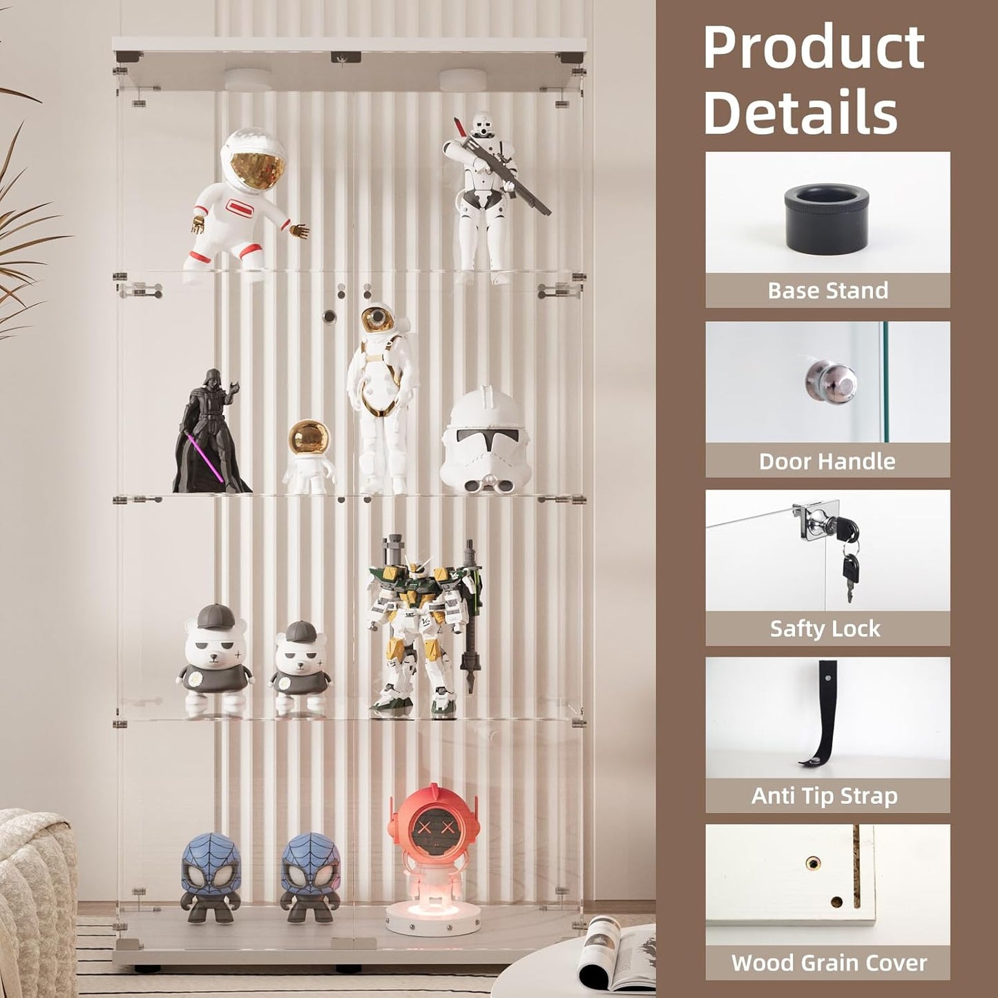 Beauty4U Glass Display Cabinet with LED Light, 4 Shelves with 2 Doors, Curio Cabinets for Living Room, Bedroom, Office, White Floor Standing Glass Bookshelf, Quick Installation