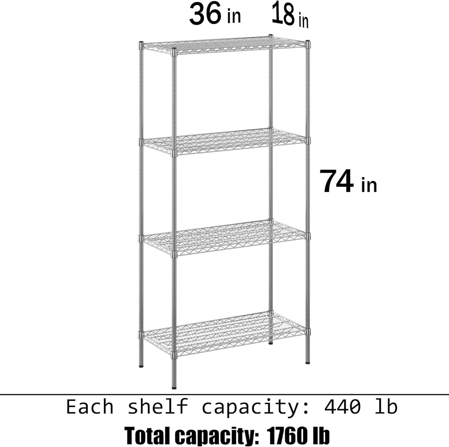 18" Deep x 36" Wide x 74" Height Wire Shelving Kit | 4-Tier | NSF Commercial Storage Rack Unit