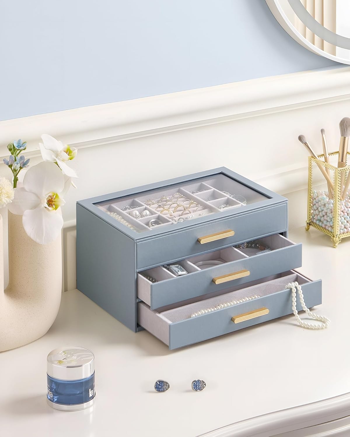 Lolalet Jewelry Box Organizer, 3-Layer Jewelry Organizers and Storage Case with Glass Lid, Ring Earring Bracelet Necklace Holder Organizer, Birthday Christmas Gifts for Women Girls -3Layer, HazeBlue
