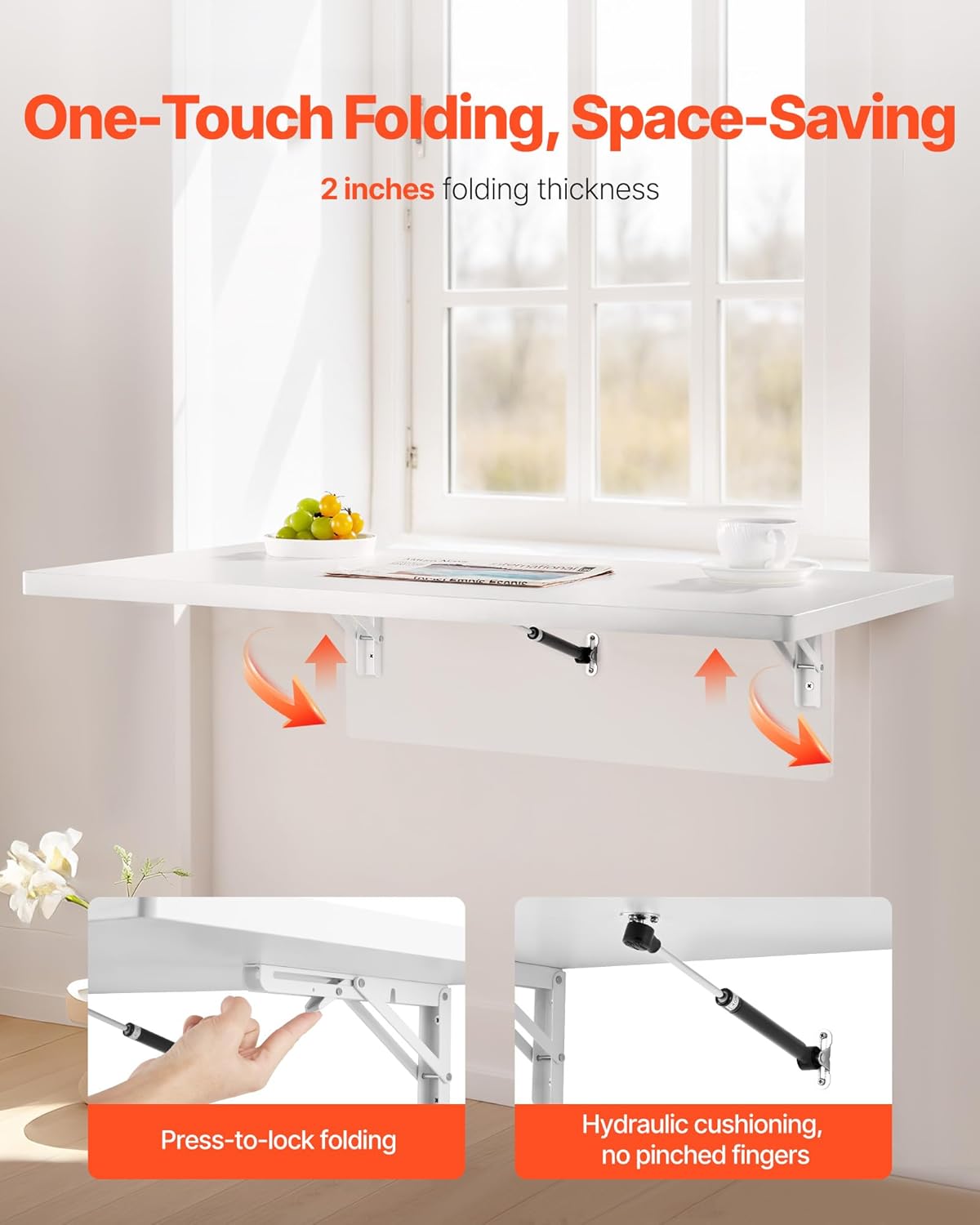 VEVOR Wall Mounted Folding Table, 35.4 x 19.7 inches Wall Mount Table, Floating Desk with Iron Bracket for Small Spaces, Home Office, Dining, Laundry Room, Kitchen, Bar, White