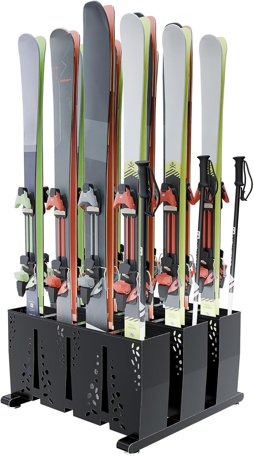 Ski Storage Rack for Garage, 12 Pair Heavy Duty Steel Freestanding Ski Storage Organizer, Indoor Ski Holder Racks for Home and Garage Storage