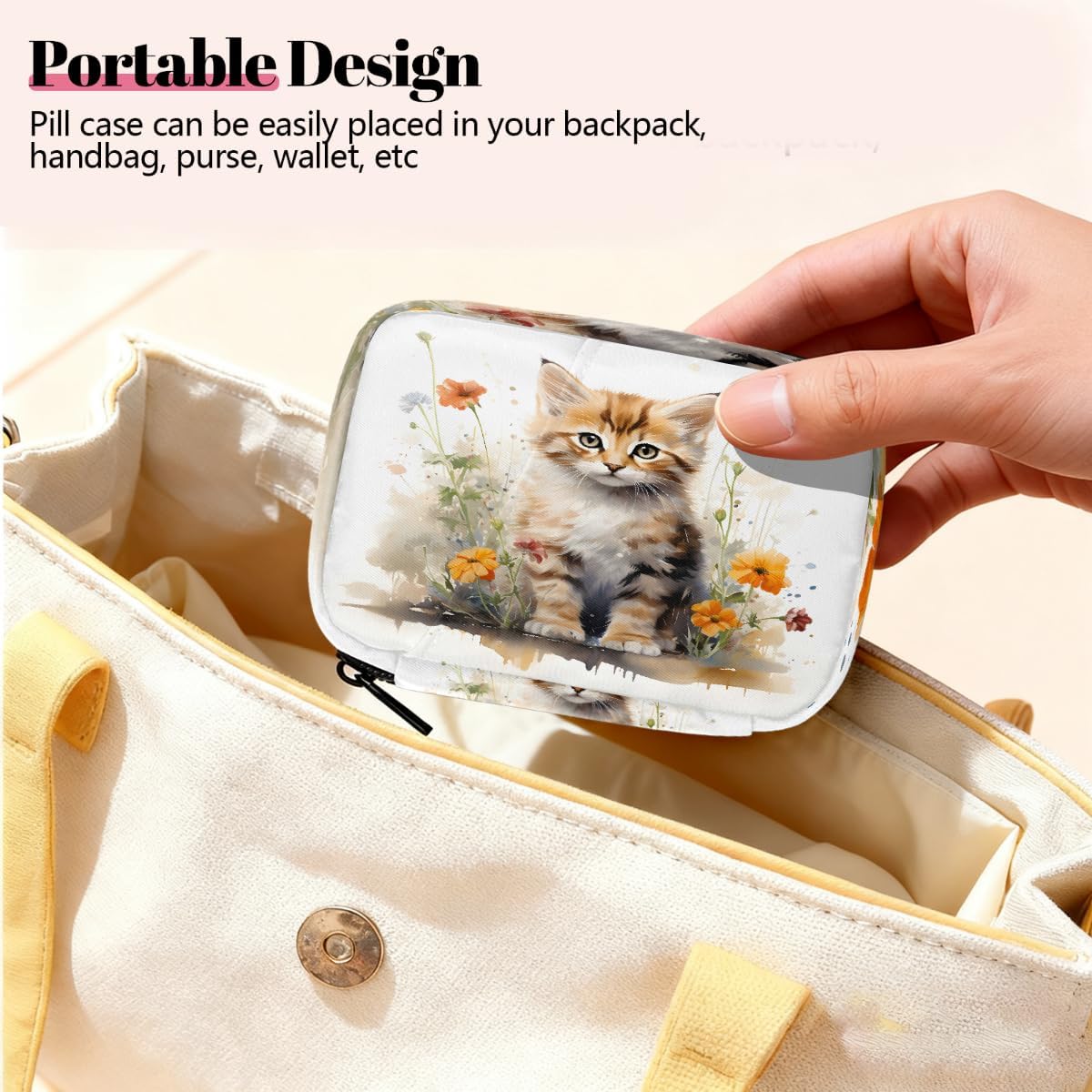 Watercolor Lovely Cat Flower Pill Organizer Travel Medicine Case with Zipper Daily Vitamin Storage Bag Portable 8 Slot Weekly Pill Box Supplement Holder for Home Office Gym Travel