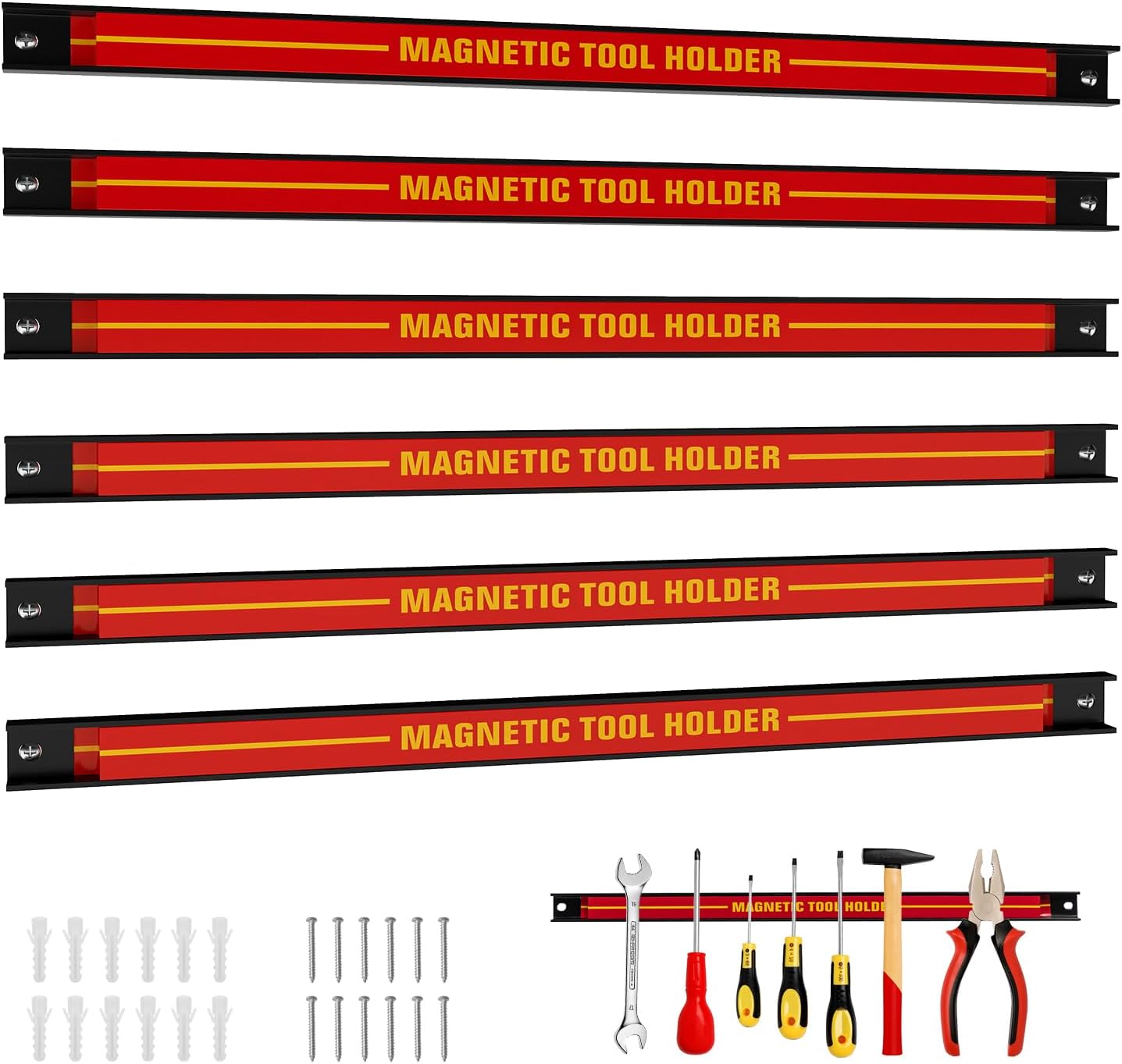 18" Magnetic Tool Holder Strip, 6 Pack Magnet Bar with Mounting Screws, Heavy Duty Magnetic Strips Tool Organizer for Garage Shop Workbench Kitchen Organization (Red)