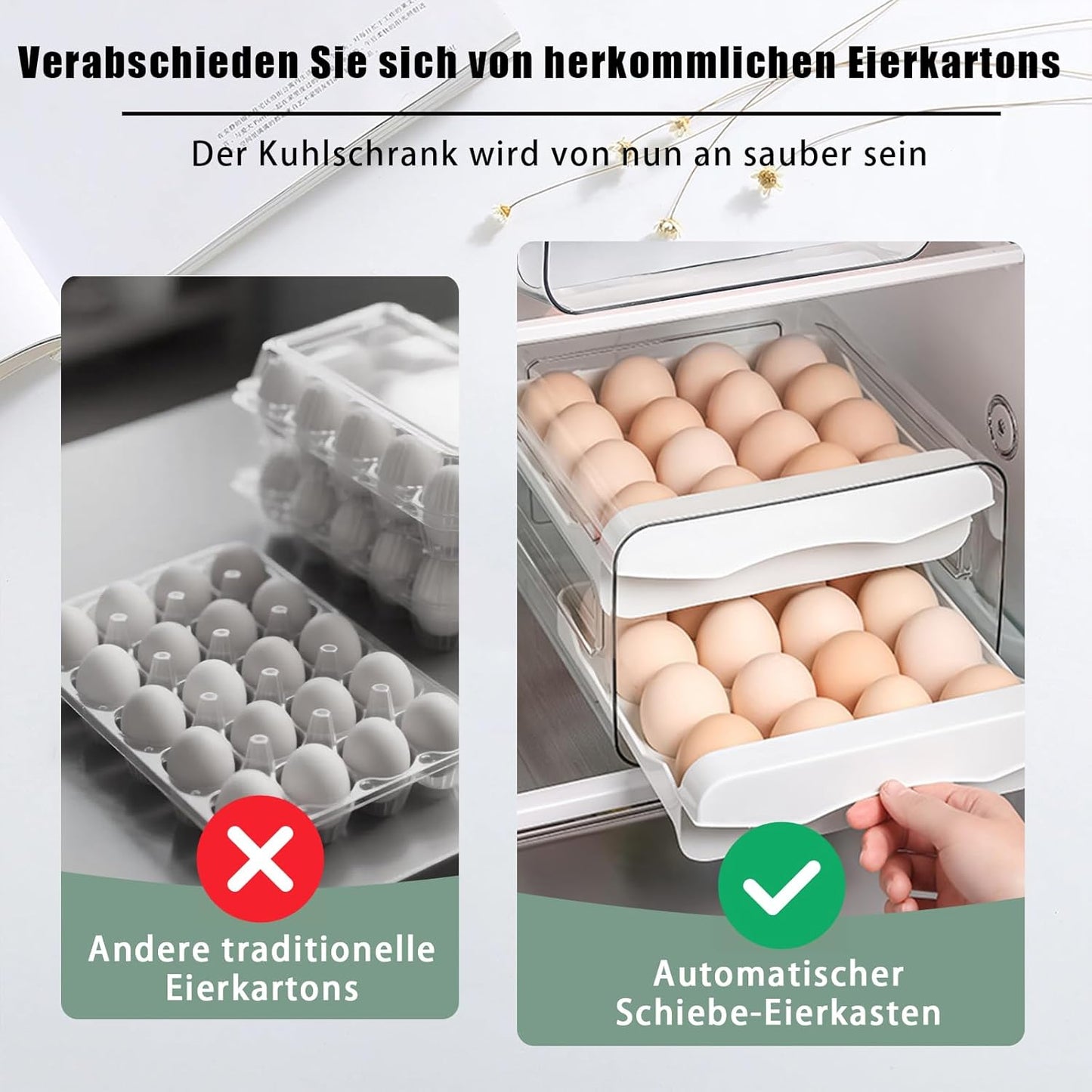 Refrigerator egg rack, egg container, egg storage box, double-layer transparent surface stackable, concave and convex handle kitchen storage organizer, bracket tray, refrigerator organizer (White)