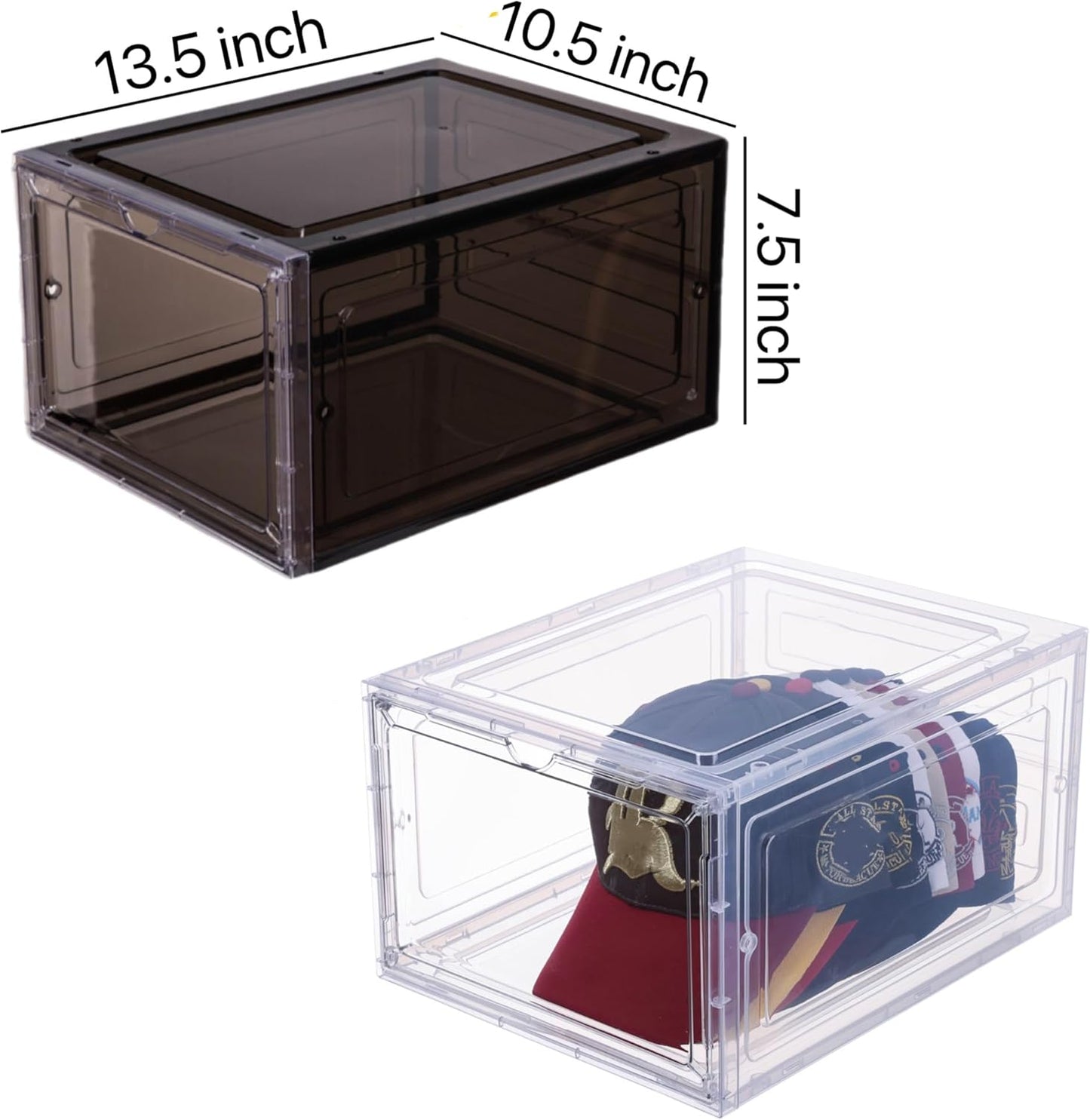 Attelite Hat Organizer for Baseball Caps, set of 6, Stackable Hat Storage Box With Transparent Magnetic Door, Hat Rack, Easy to Assemble Stylish Display(Clear Black)