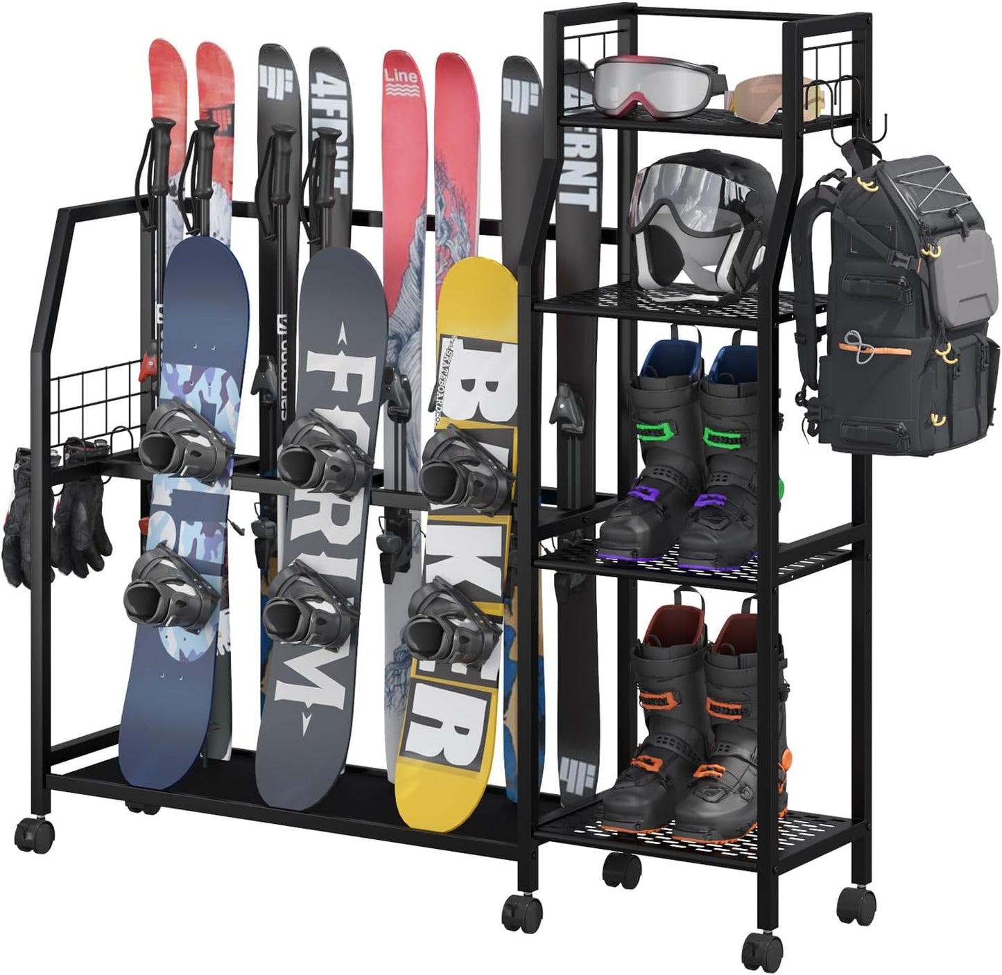 4-Tier Freestanding Snowboard Rack for 4 Pairs of Skis, 3 Snowboards, Boots, Poles, Goggles, Helmets, Ski Storage Rack with Adjustable Shelves, Snowboard Stand for Home, Garage