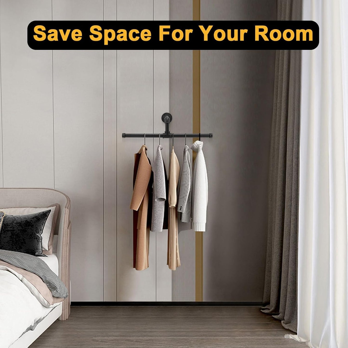 Industrial Pipe Clothes Rack Floating DIY Wall Mounted, Heavy Duty Rustic Vintage Clothing Rod, Metal Garment Bar Space-Saving Hanging for Bedroom, Bathroom and Laundry Room (Black 18 inch)