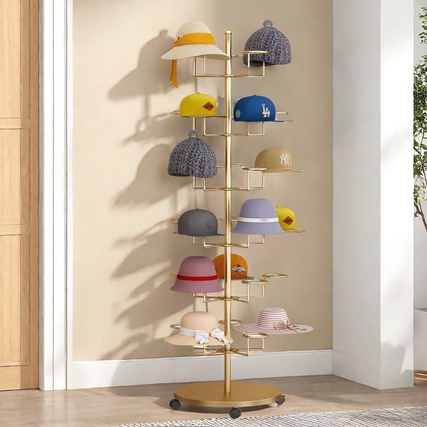 Hat Rack Stand 30-Hooks, Hat Display Stand Metal,Hat Display for Stores， Home or Store of Standing hat Rack(Gold,6th Floor)