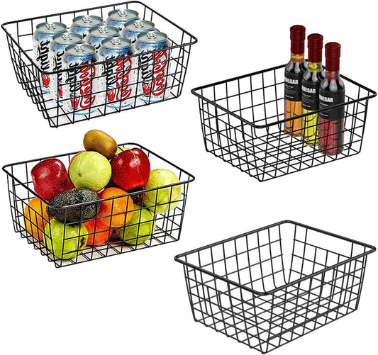 Wire Baskets for Organizing, 4 Pack Household Pantry Basket Black Metal Storage Bins Wire Storage Baskets Metal Baskets for for Home Office Kitchen, Bathroom
