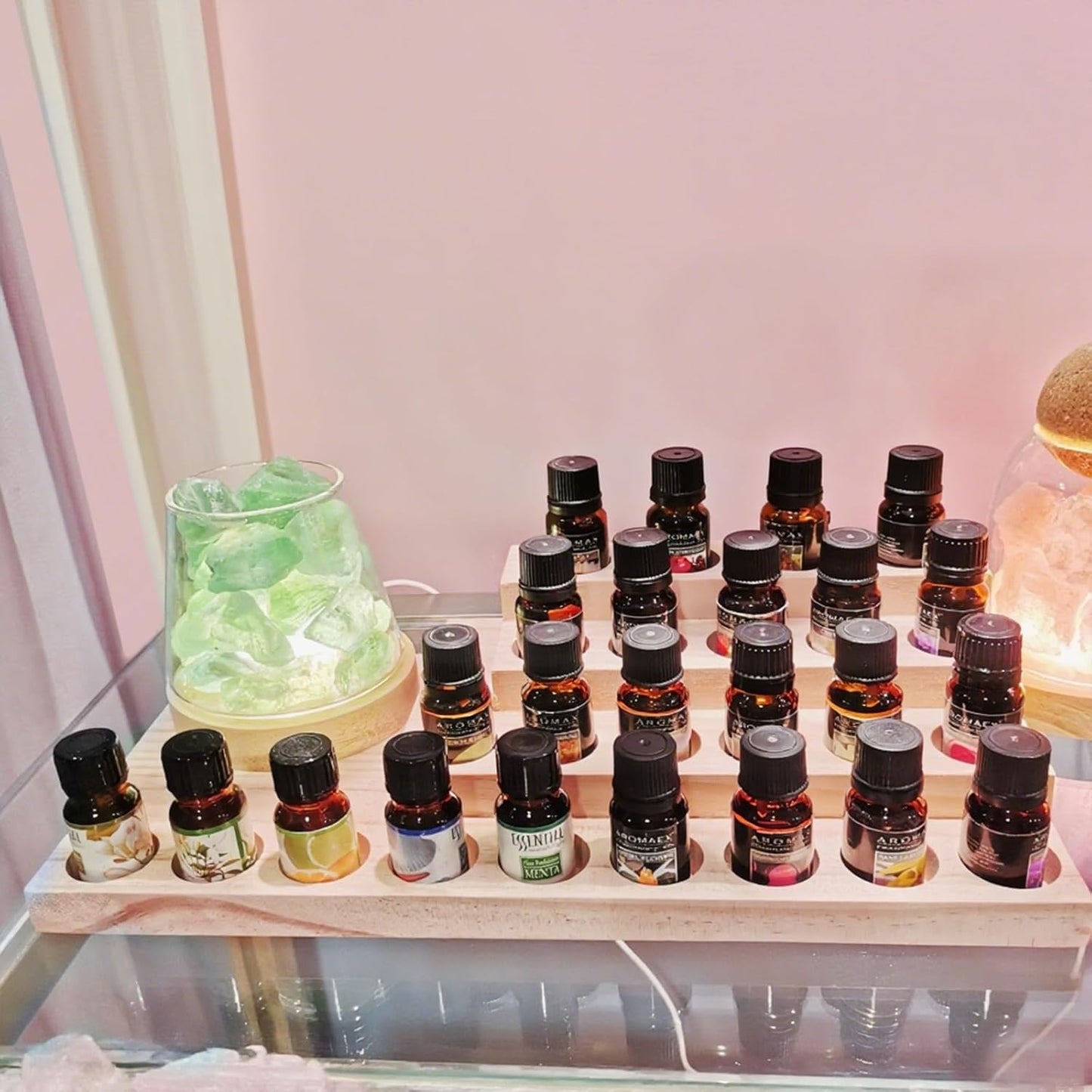 Wooden Essential Oil Rack 4 Tier Essential Oil Holder Shelves for Oil Solid Wood Essential Oil Organizer 25-Bottle Essential Oil Display Stand Tabletop Storage Rack for 5-20ml Bottles