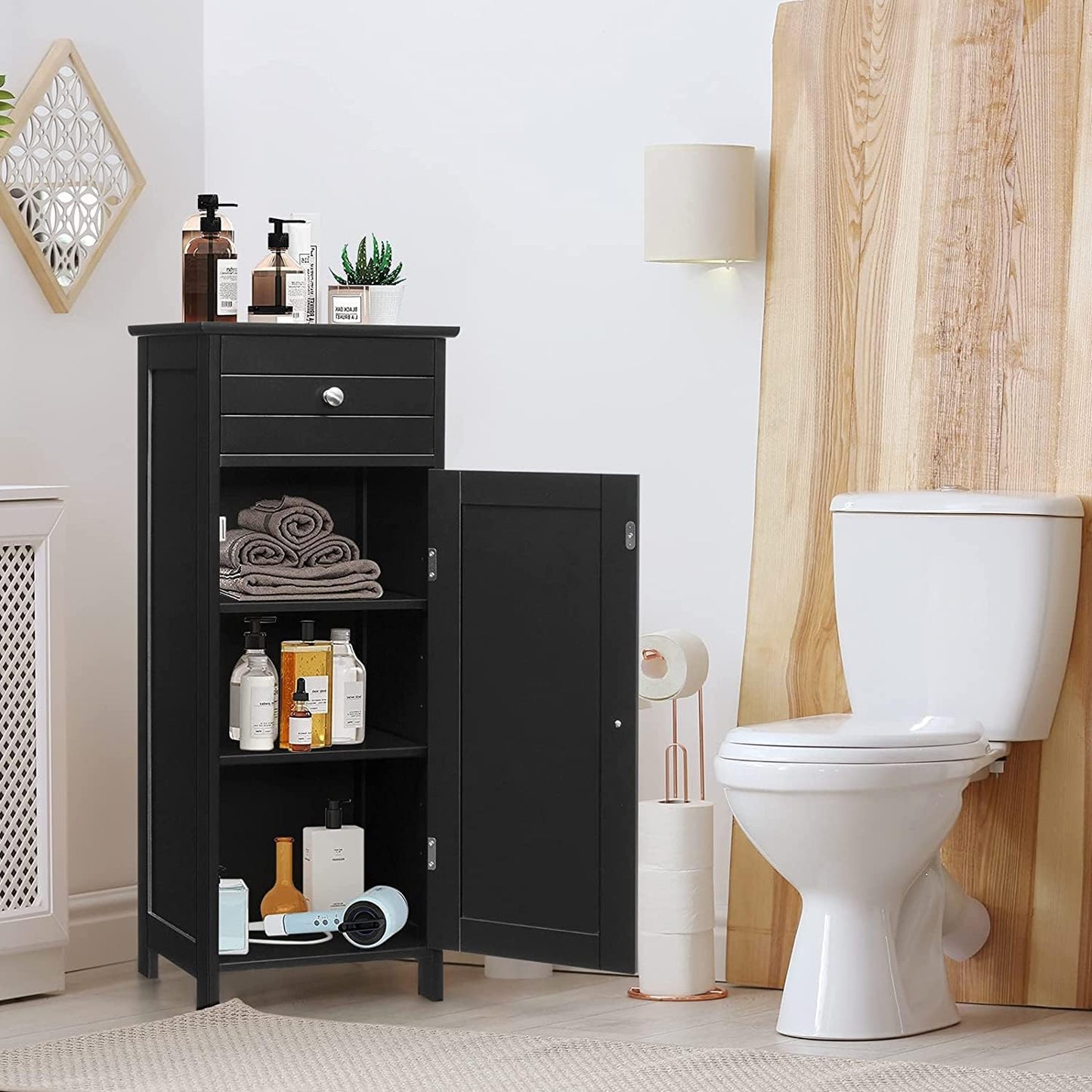 HAPPYGRILL Bathroom Floor Cabinet, Single Door Floor Storage Cabinet Organizer with Drawer and 3-Level Adjustable Shelves, Bathroom Cabinets Freestanding with Anti-Tipping Device for Living Room