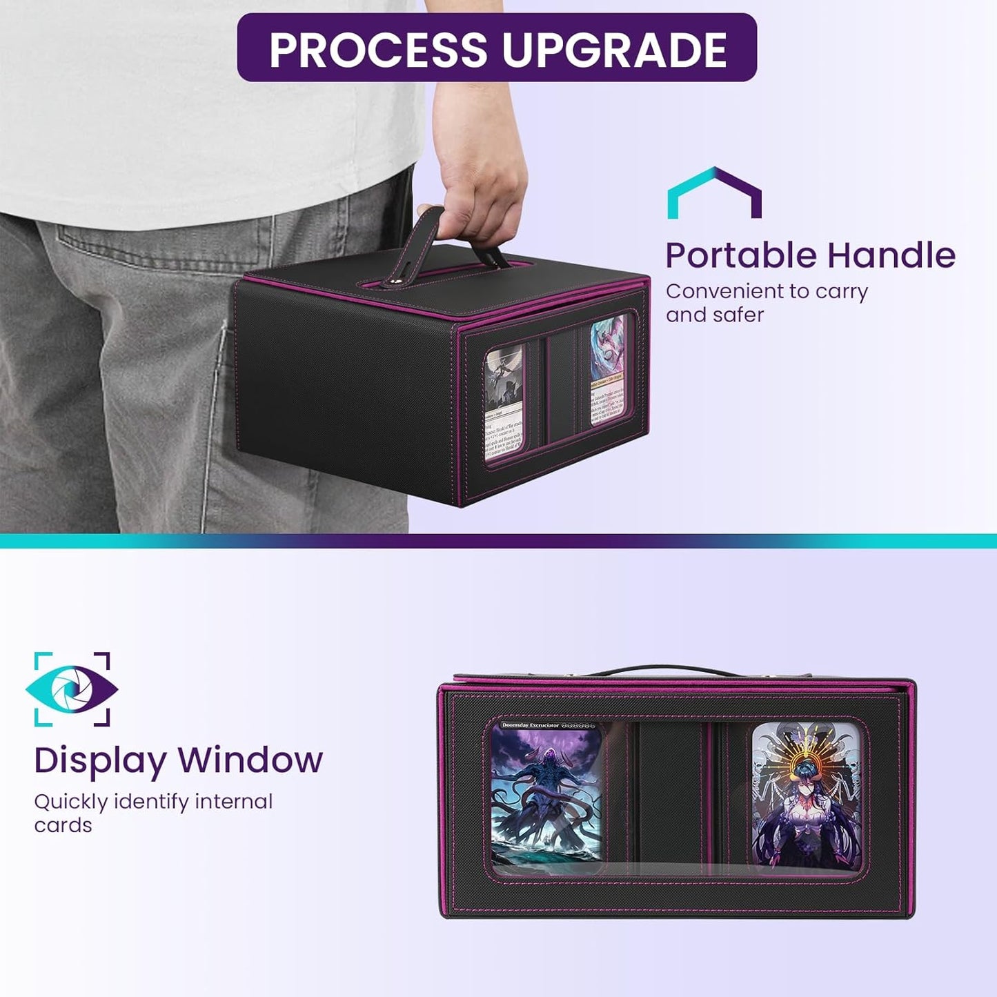 Card Deck Box for MTG with Commander Display, 5 in 1 Card Storage Box Fits 400+ Double-sleeved Cards, Deck Case for TCG Sports Cards with Dividers, Dice Tray, Magnetic Card Holders, Black Purple