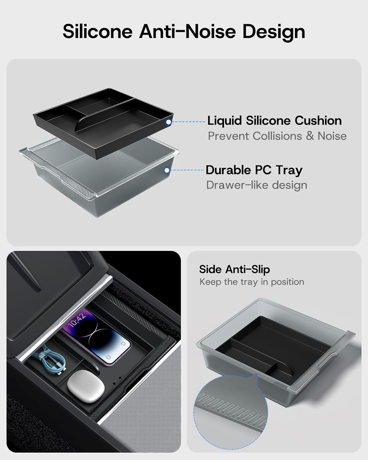 2025 Upgrade Center Console Organizer Tray for Tesla New Model Y Juniper & Model 3 Highland Accessories [PC + Silicone Lining Non-Slip & Wear-Resistant & Easy to Clean]