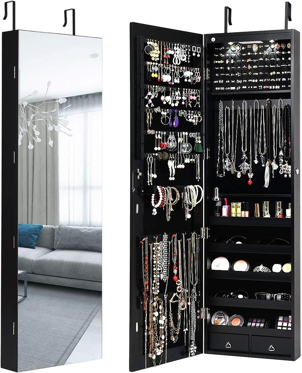 HAPPYGRILL Over the Door Jewelry Organizer, Hanging Jewelry Storage Cabinet w/Full-Length, Inner Makeup Mirror, Earring Shelves, Ring Slots, 25 Necklace Hooks, Wall Mounted Jewelry Armoire for Women
