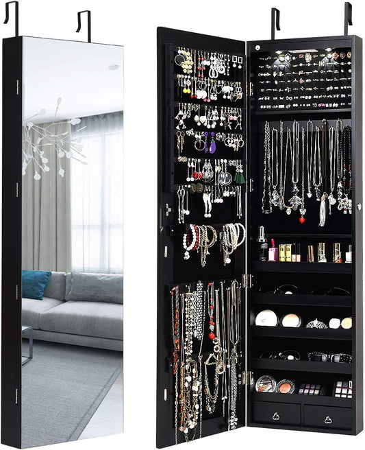 HAPPYGRILL Over the Door Jewelry Organizer, Hanging Jewelry Storage Cabinet w/Full-Length, Inner Makeup Mirror, Earring Shelves, Ring Slots, 25 Necklace Hooks, Wall Mounted Jewelry Armoire for Women
