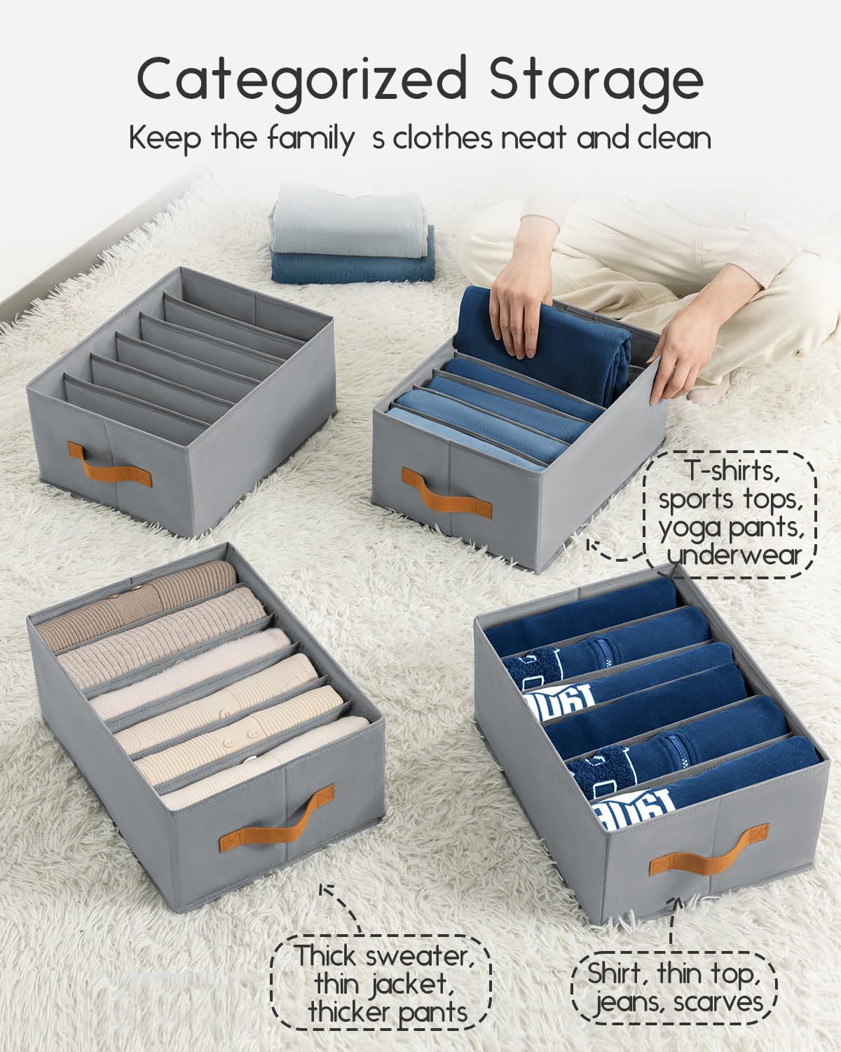 Closet Organizers and Storage - Fabric Clothes Organizer with Handles, Foldable Jeans Organizer for Clothes, Drawer Organizer for Shirts, Bra, Sweater, Scarf, 8 Pack, Grey