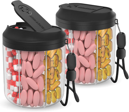 Pill Dispenser with 7 Large Compartments, 4.4" H x 3.6" Dia Pill Organizer for Travel, Supplement Organizer with Anti-Mixing Design, BPA-Free Pill Container with 20 Pcs Labels, Black 2 Pcs