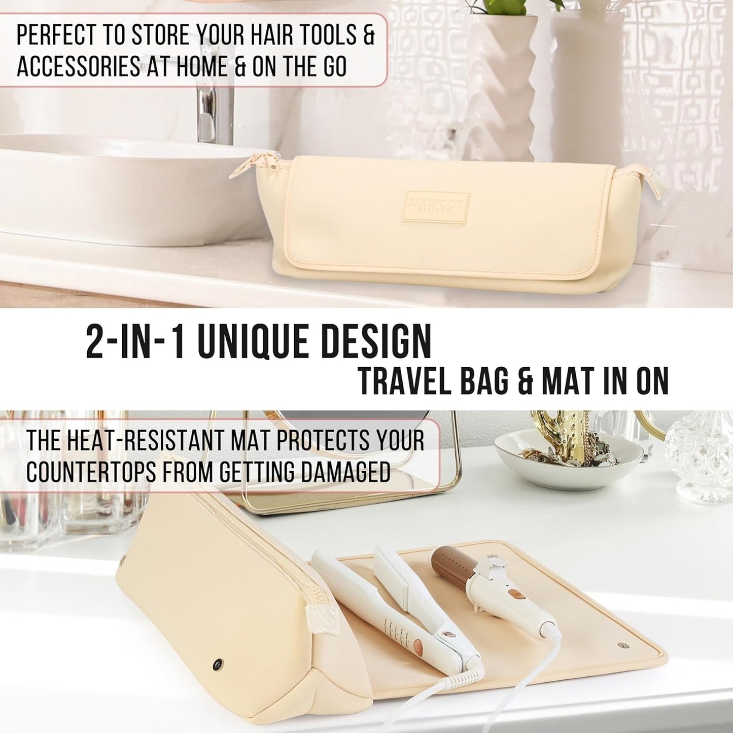 BAREFOOT CARIBOU Hair Tools Travel Bag and Heat Resistant Mat for Flat Irons, Straighteners, Curling Iron, and Haircare Accessories, 2-in-1 design, with Interior Pockets, Portable Organizer