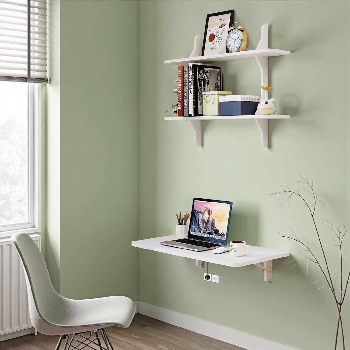 Pmnianhua Wall Mounted Folding Table, 31'' Floating Laptop Desk with Shelves, Foldable Drop Leaf Table, Wall Mount Fold Down Table for Laundry Room Kitchen Bar Home Office Small Space(White)