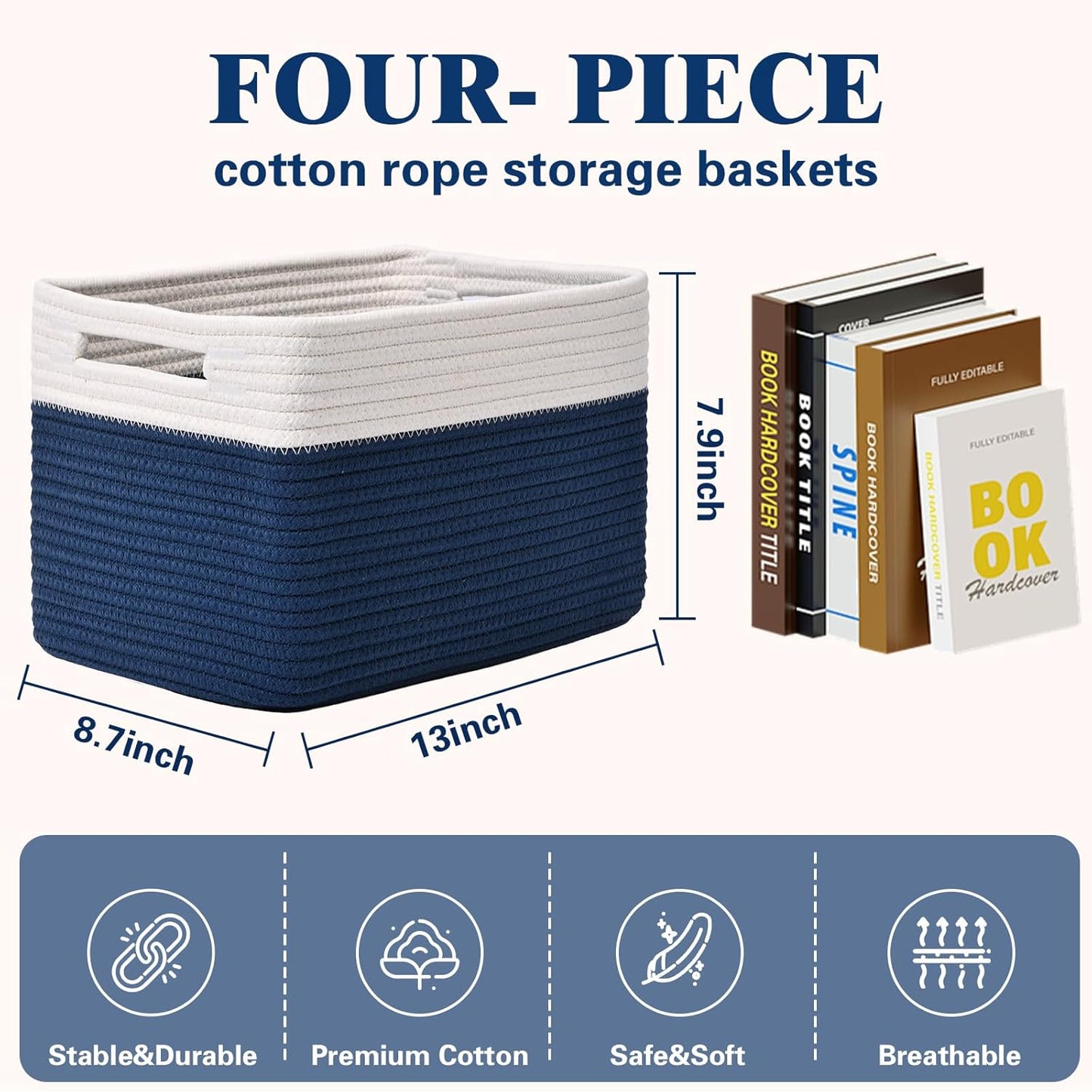 Storage Baskets for Organizing, 4 Pack Storage Baskets for Shelves, Woven Basket for Shelves, Closet Organization, Rectangle Organizer Basket Gifts Empty, 13"Lx8.7"Wx7.9"H Decorative Bins with Handles