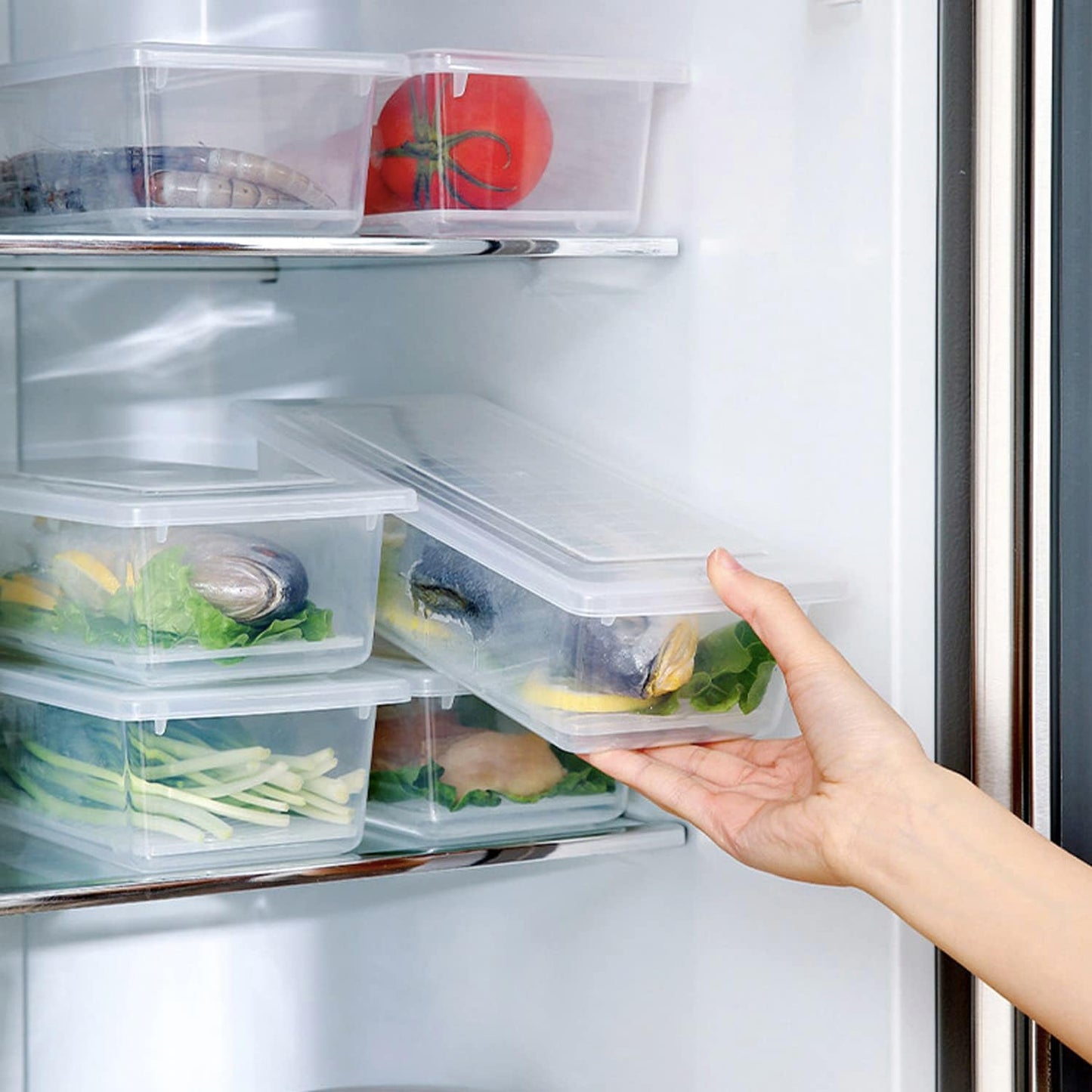 Nsmykhg Food Storage Containers, 6 Pack Fridge Organizer Case with Removable Drain Plate, Produce Containers to Keep Fruits, Vegetables, Meat, Fish Fresh and Dry
