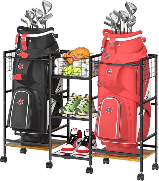 Golf Bag Storage Rack for Garage with Wheels, Organizer for Golf Bag and Equipment Accessories, Golf Organizer Stand Ideal for Home, Garage, Club, Shed, Basement - Sturdy and Durable (Black)