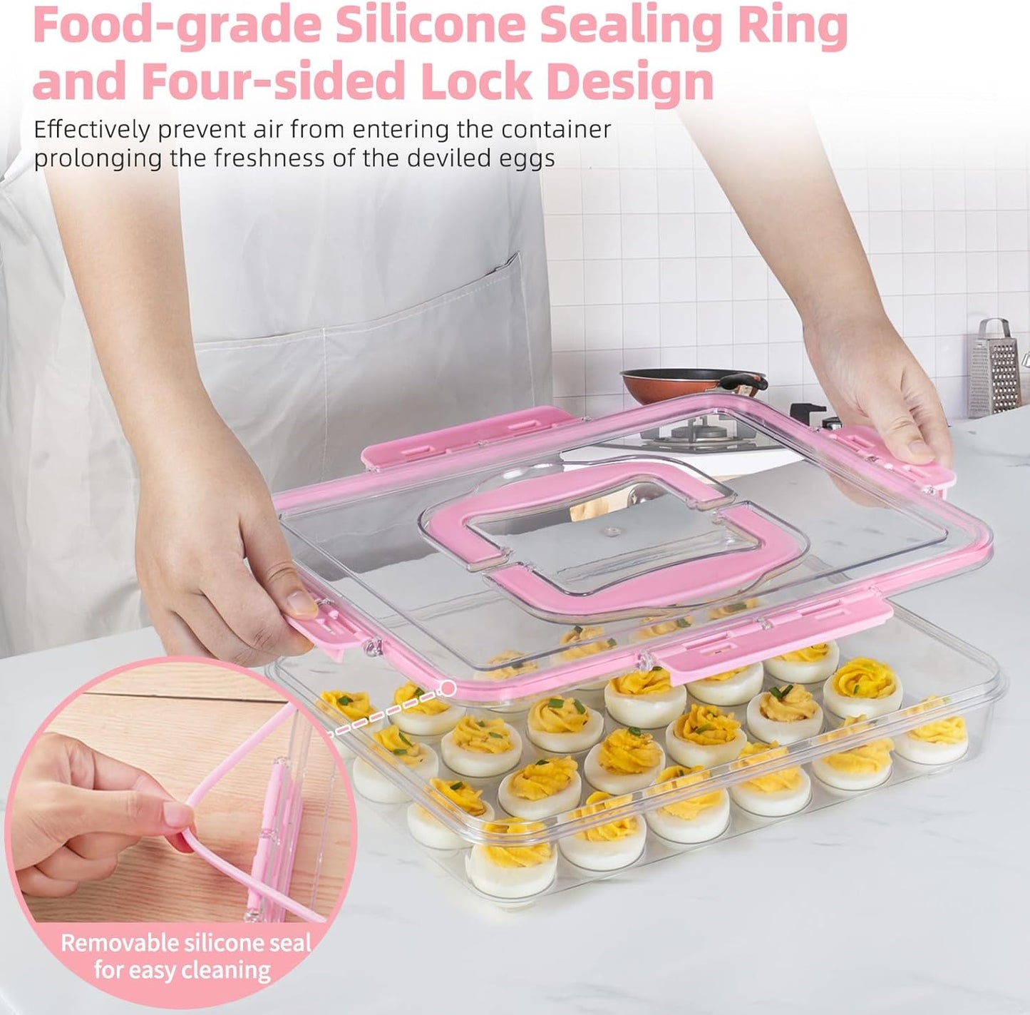 Deviled Egg Containers with Lid and Handle, Durable Clear Plastic Deviled Egg Carrier Storage 24 Eggs, Stackable Egg Holder for Fridge, Portable Tray Platter for Party & Picnics-1 Pack Pink