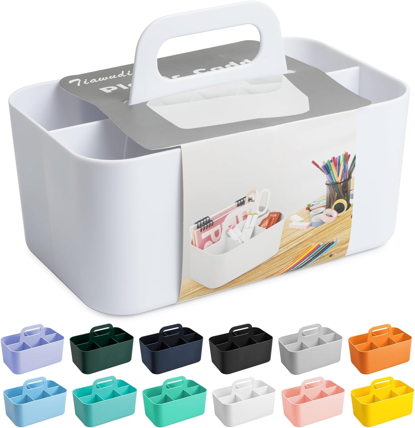 Tiawudi Multipurpose Caddy Organizer, Plastic Caddy with Handle, Stackable Desk Organizer for Stationery, Marker and Pencil, Office Supplies Organizer, Dorm Caddy