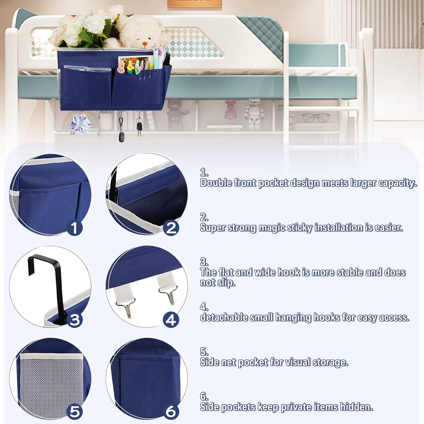 Bedside Storage Organizer 5 Pockets with 4 Hooks Hanging Storage Bag for Headboards/Bunk Bed (Dark Blue)