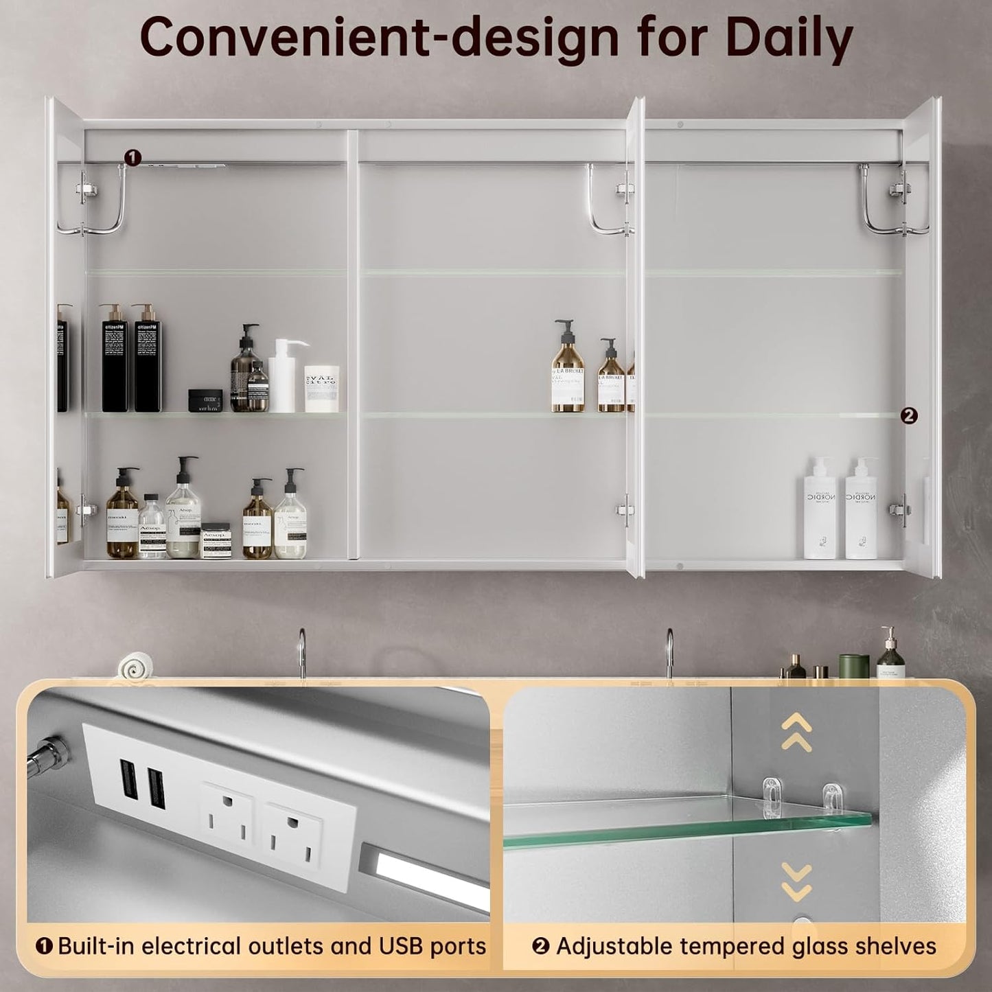 60"x32" Medicine Cabinet Mirror, LED Lighted Medicine Cabinet with Electrical Outlet＆USB, Anti-Fog, 3 Colors Temperature Stepless Dimmable, Aluminum Cabinet for Storage and Mordern Decor
