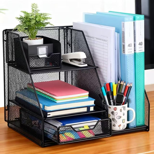 Black Mesh Desk Organizer Set, 3-in-1 Office Organizer with File Holder, Drawer & Accessories Tray, Multi-functional Desktop Storage for Stationery, Documents, Home & Office