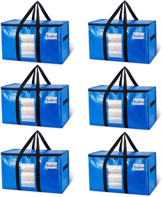 TAILI Extra Large Moving Bags, 6 Pack Blue Heavy Duty Totes for Storage with Visible Window, Wrap Around Handles, Storage Bags for Space Saving, Alternative to Moving Boxes