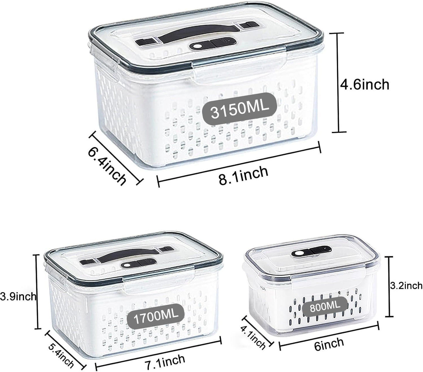 Fruit Storage Containers for Fridge with vent holes and handle，Airtight Food Storage Containers Keep Fruits, Vegetables, Berry, Meat Fresh longer,BPA-free Fridge Storage Container with Lid (3 Pack)