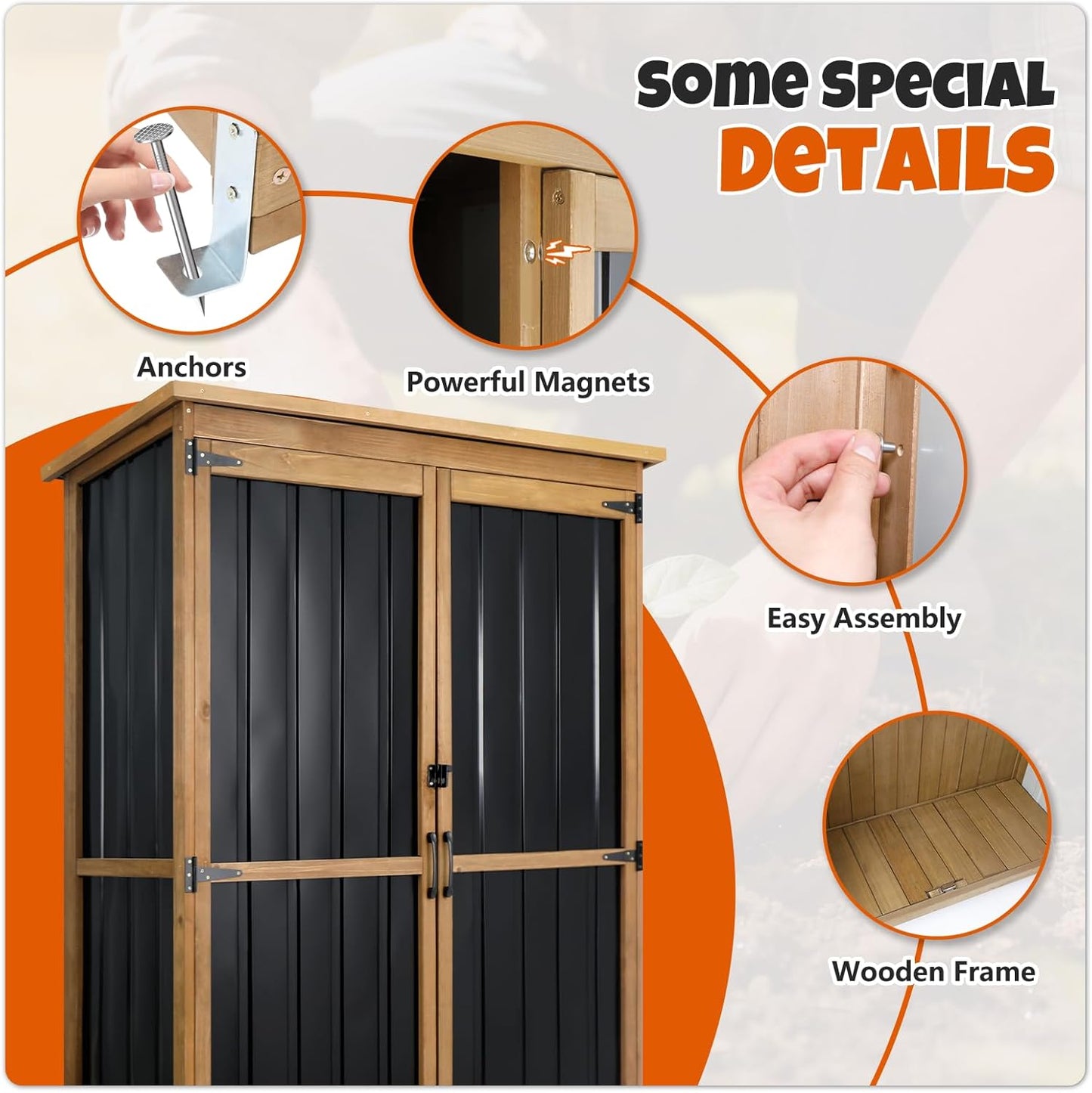 Outdoor Storage Cabinet with Shelves, Wood & Metal Storage Shed with Weatherproof Roof, 3 Removable Shelves, Lockable Doors, Adjustable Feet, Outside Storage Cabinet for Garage, Patio, Backyard