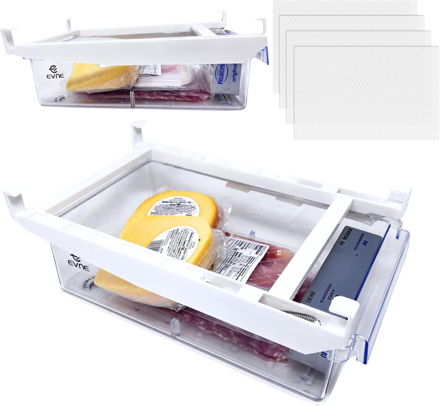 EVNE Refrigerator Drawers Fridge Drawer Organizer Fridge Organizer Drawers Small Size Refrigerator Shelf Pull Out Shelf Storage, Storage Egg Deli Cheese Meat 4 Liners Mats Included 15'' Max Size