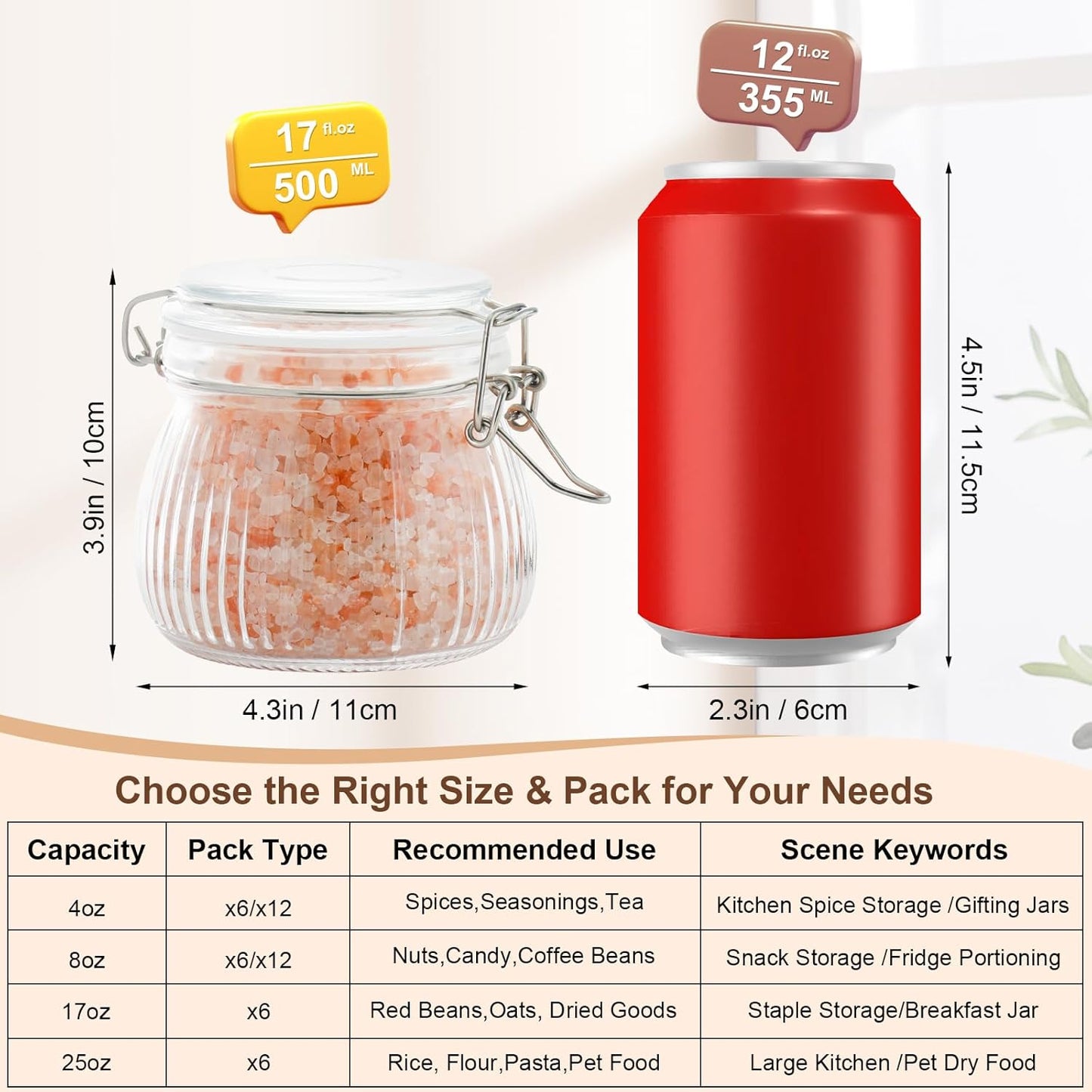 17oz Airtight Glass Jars with Lids, Small Food Storage Container Set of 6, Wire Clip Canisters Mason Jars for Canning Pickling Spice Herb