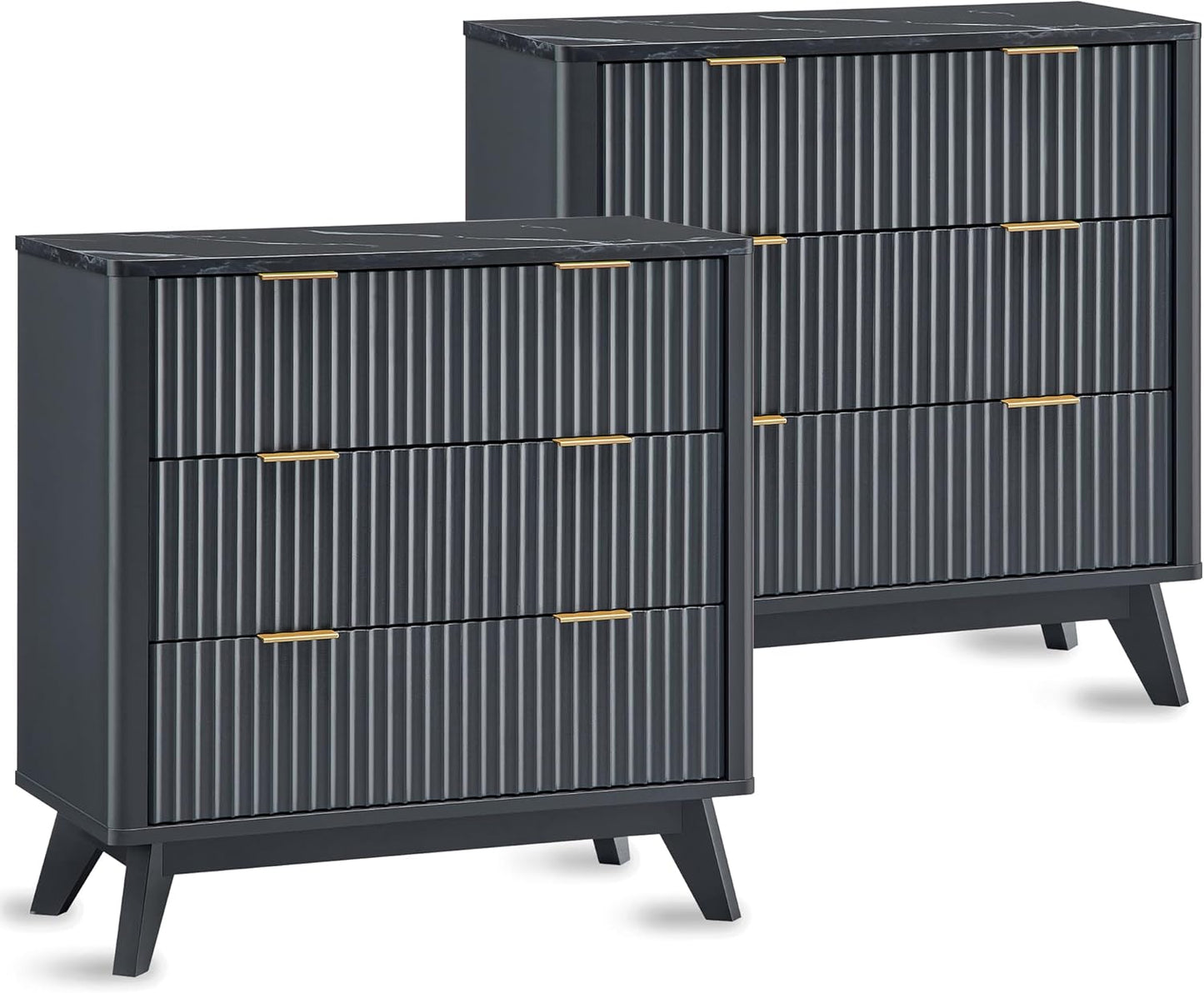 T4TREAM Fluted 3 Drawers Nightstand Set of 2, Oversized Extra Large Modern Side Table with Faux Marble Top, End Table Bedside for Bedroom, Living Room, Curved Profile Design, Dark Grey