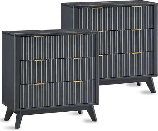 T4TREAM Fluted 3 Drawers Nightstand Set of 2, Oversized Extra Large Modern Side Table with Faux Marble Top, End Table Bedside for Bedroom, Living Room, Curved Profile Design, Dark Grey