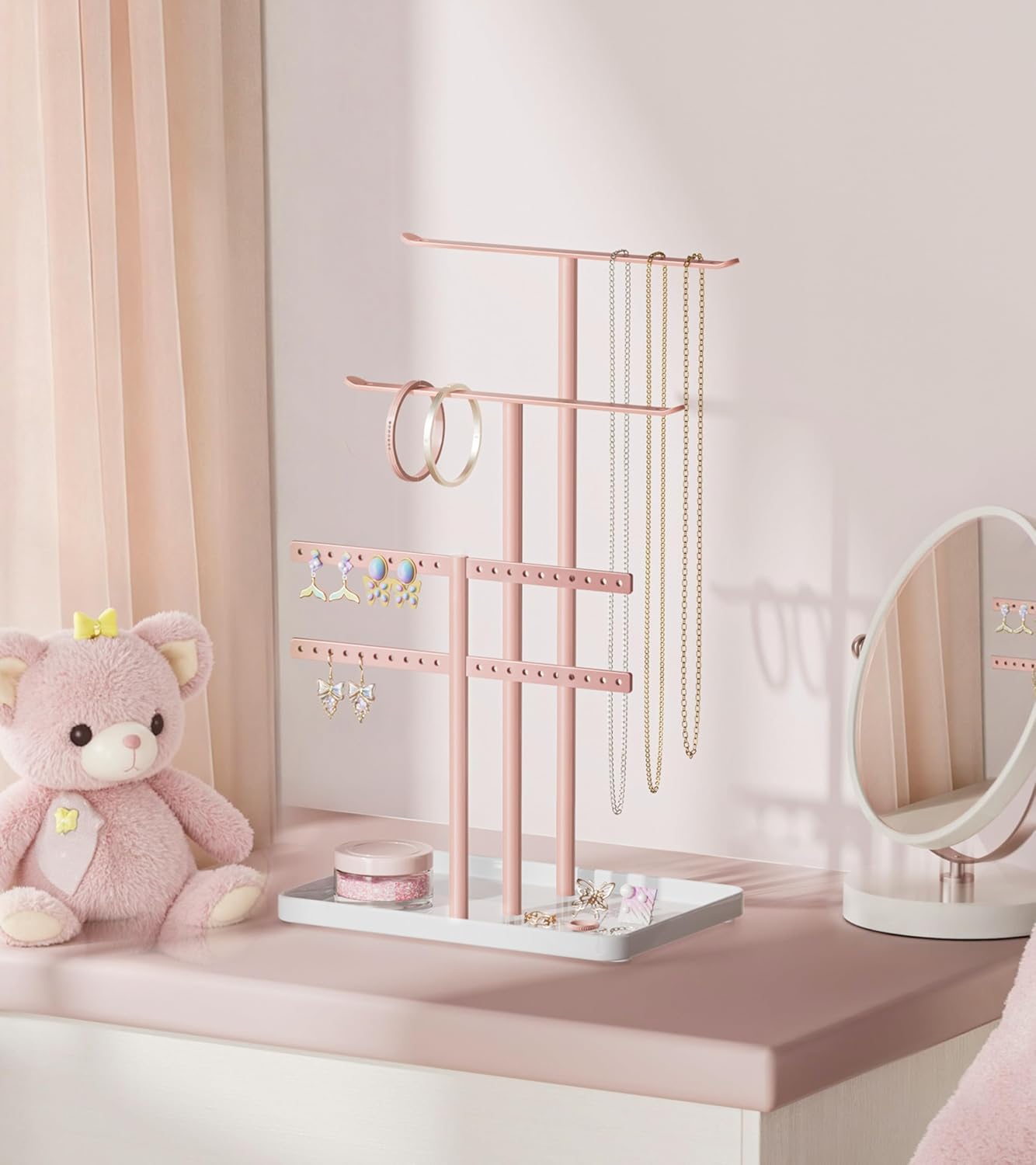 pickpiff Jewelry Holder Organizer, 12.5'' Tall Sturdy Metal Stand, 3-Tier Jewelry Hanger for Necklace, Earring, Bracelet, Ring, for Display and Storage, Aesthetic Room Decor, Pink