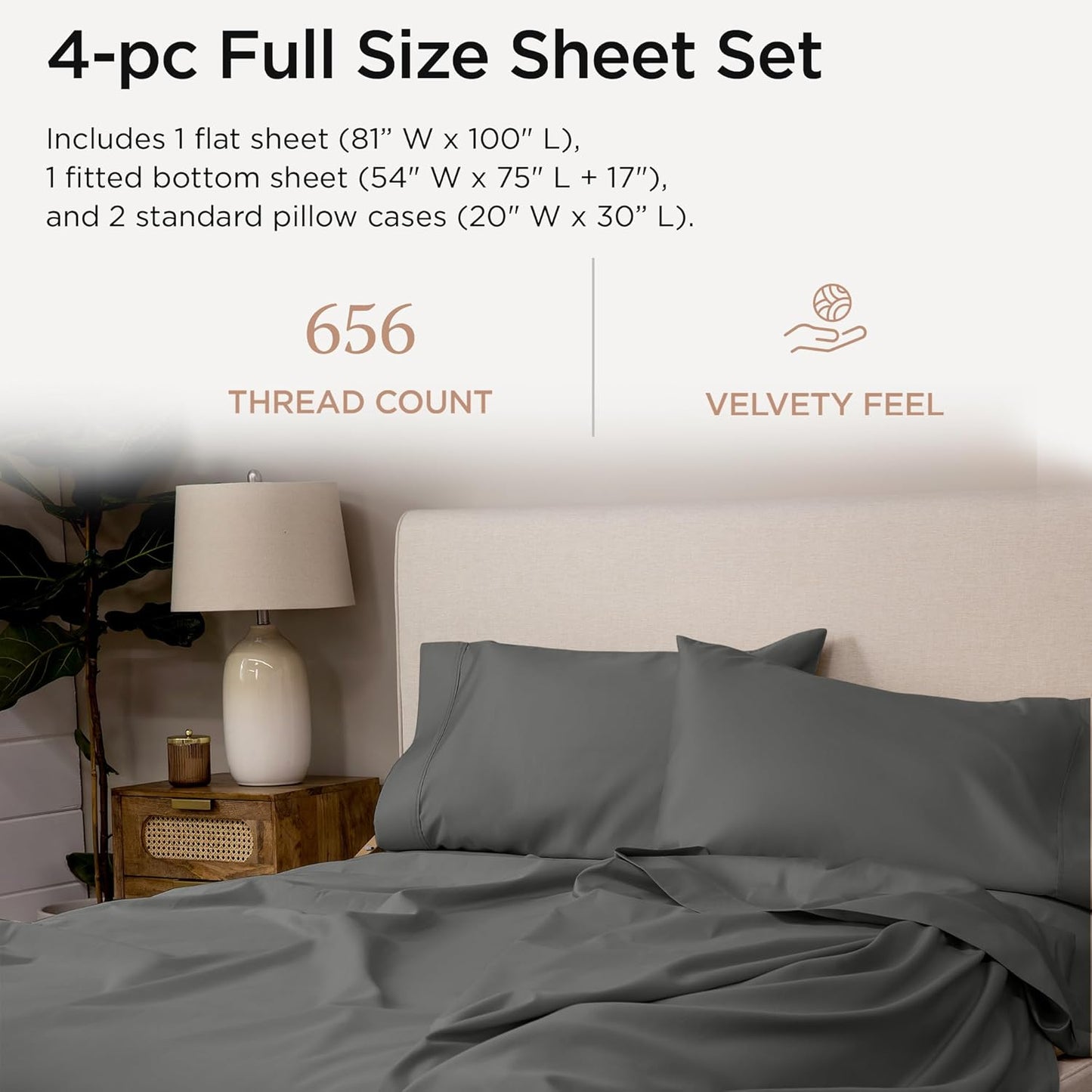 Threadmill Luxury Full Size Sheets | 656 Thread Count Certified Supima Cotton Sheets for Full Size Mattress | 5-Star Hotel Quality 4 Piece Bed Sheets with Extra Deep Pocket |Dark Grey Sheet